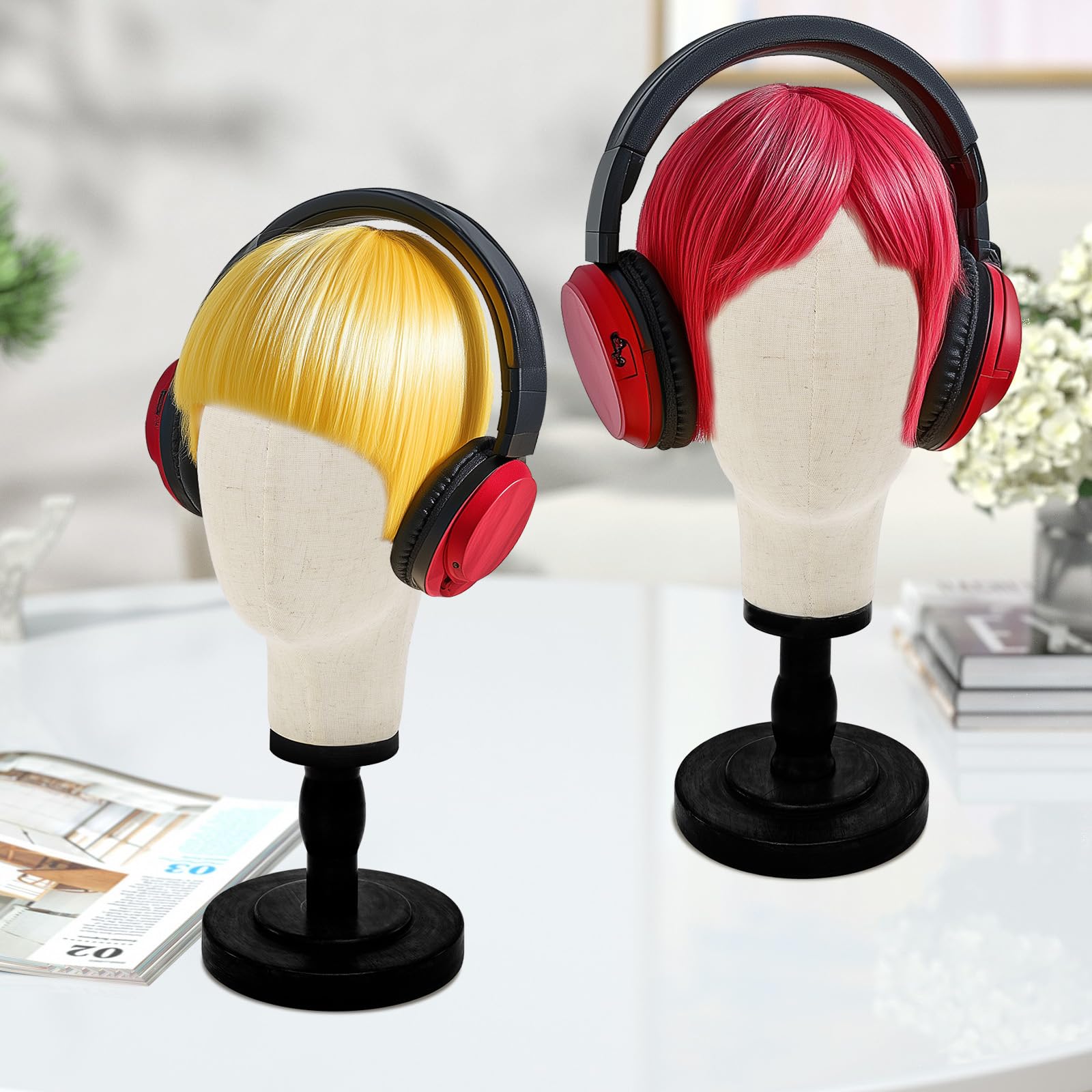 Support pour perruque, tête de mannequin de 55,9 cm avec base en bois amovible, support de tête en toile pour coiffure, bijoux, lunettes, bandeau, support de perruque pour perruques, chapeaux