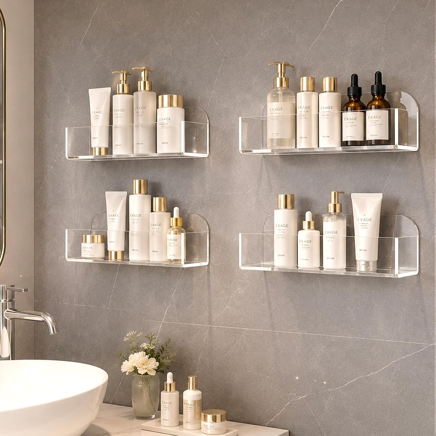Adhesive Spice Rack Wall Mount, 4pcs Acrylic Shelves Seasoning Organizer