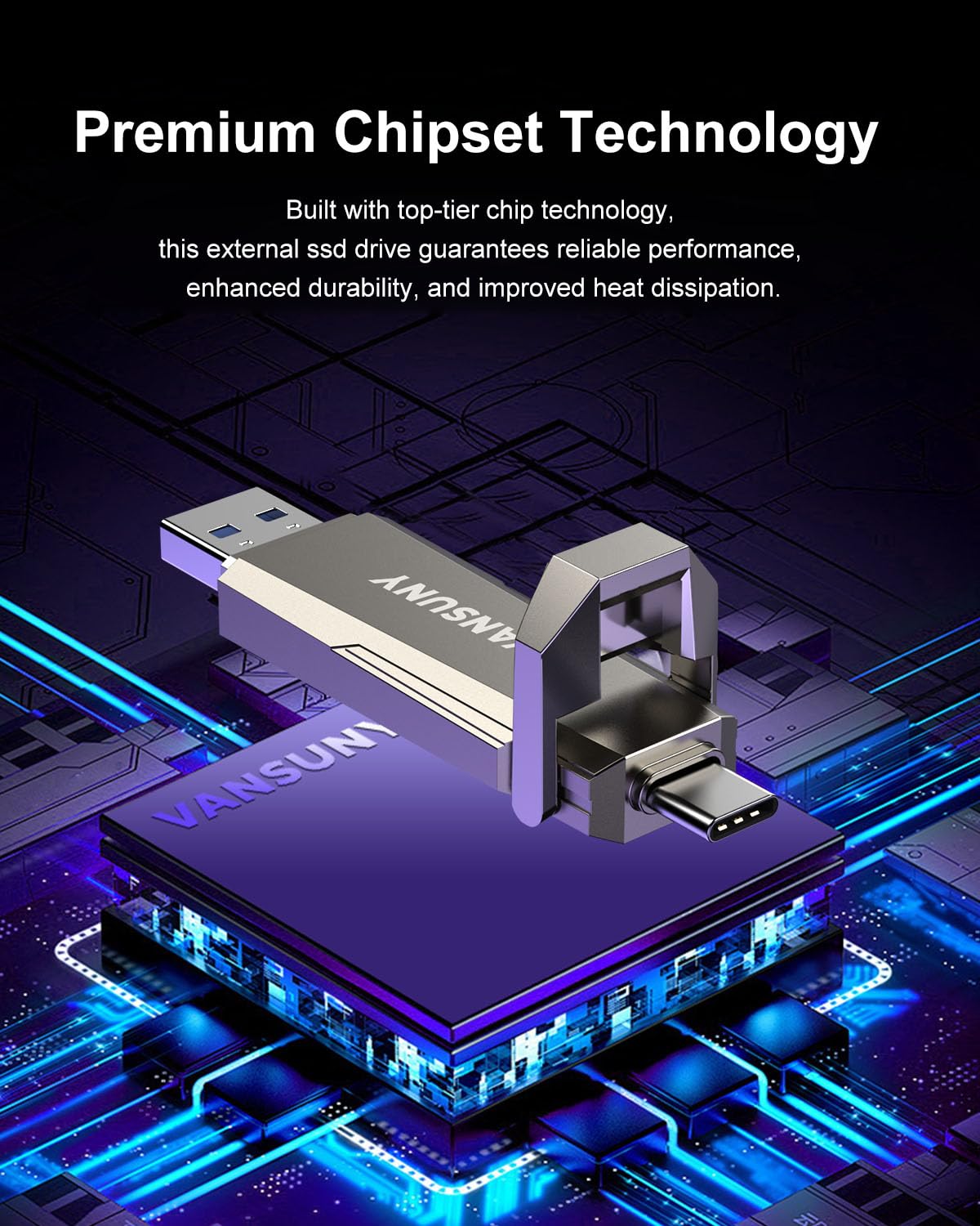 Vansuny SSD Esterno 512GB, Unità a Stato Solido Portatile USB C 3.2 Gen 2 con Lettura 1050MB/s, Disco Rigido Esterno di Tipo C + USB A per Laptop, Tablet, Smartphone, MacBook, PC