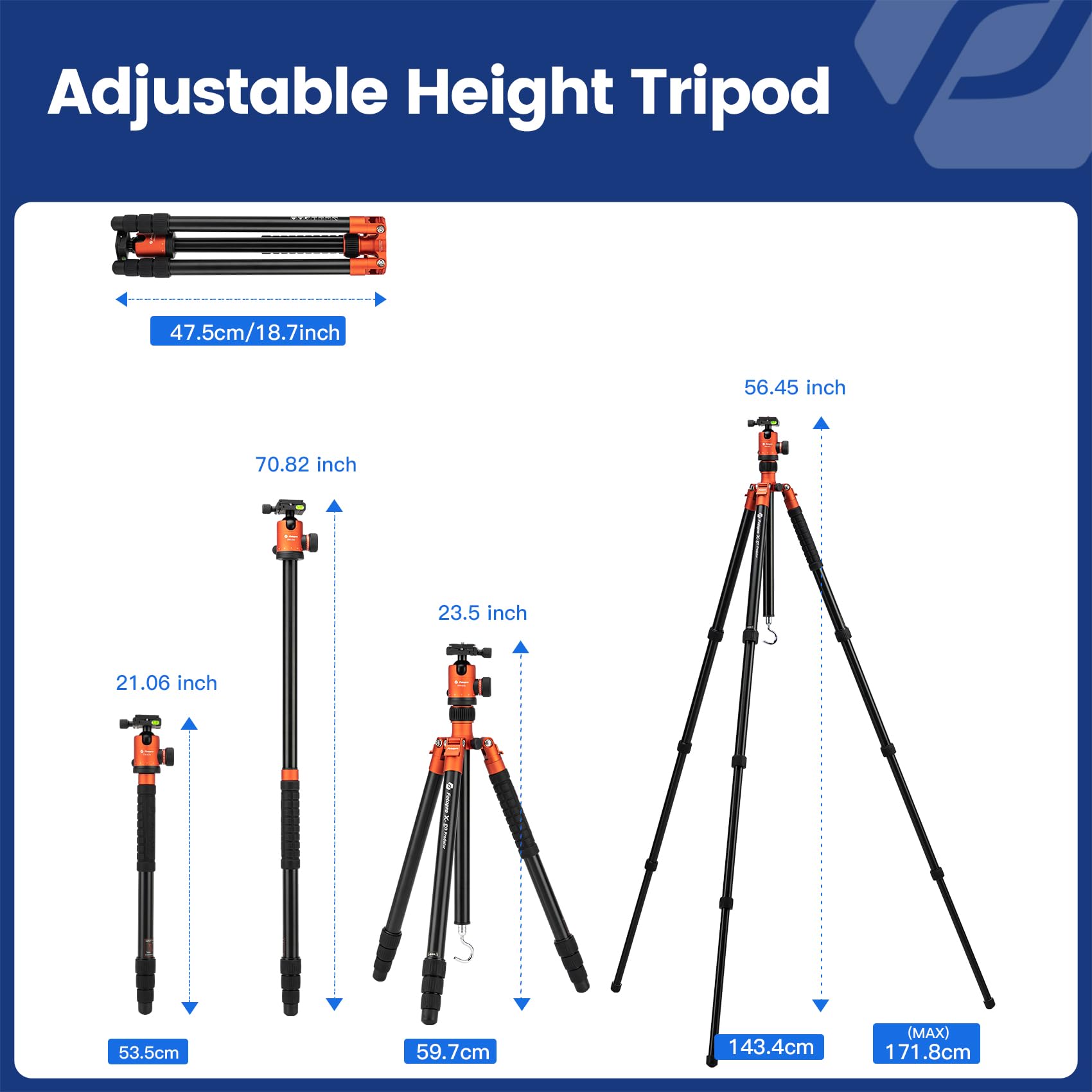 Fotopro Trépied de voyage léger pour appareil photo reflex numérique de 172,7 cm avec tête sphérique, monopode amovible avec plaque à dégagement rapide et sac, charge jusqu'à 12 kg (orange)