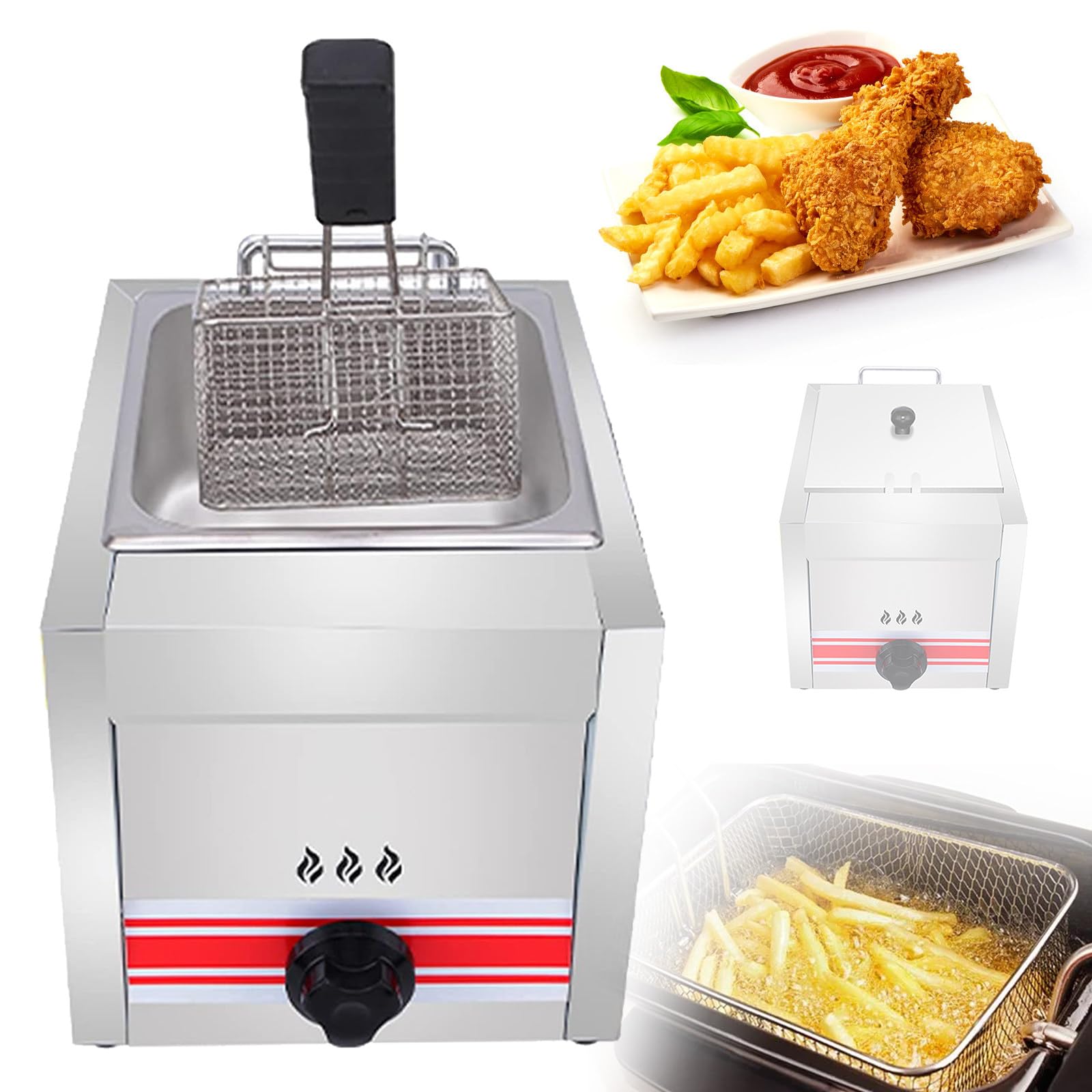 Friggitrice a Gas Professionale, Friggitrice a Gas 10L/20L/30L, Friggitrice da cucina da banco di grande capacità con cestello e coperchio, pulizia senza sforzo,10L