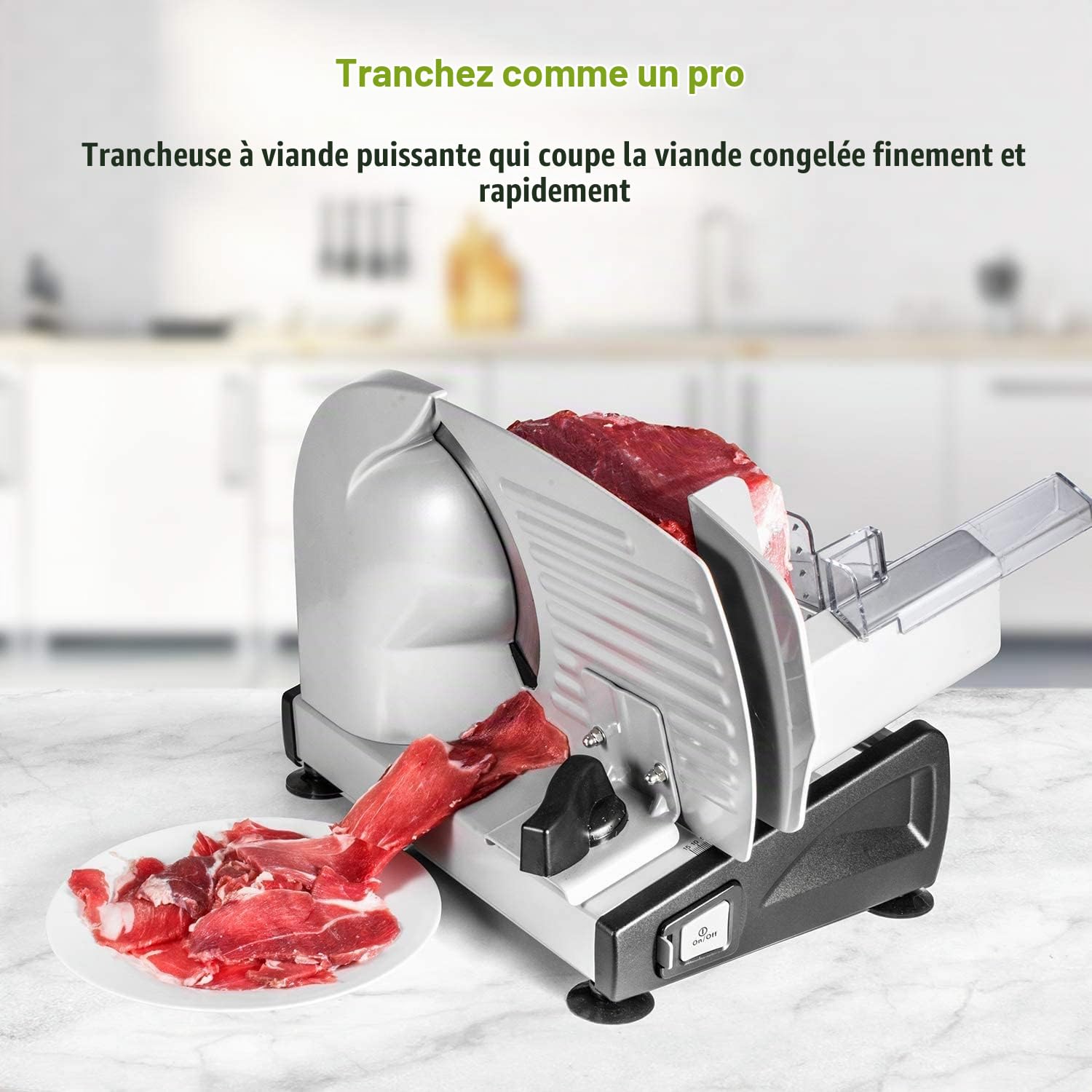 Trancheuse Électrique, Trancheuse à Jambon avec Interrupteur Sécurité Enfants, Lame en Acier Inoxydable, Epaisseur Réglage de 0-15mm pour Jambons, Saucissons, Pains, Viandes etc, 150W