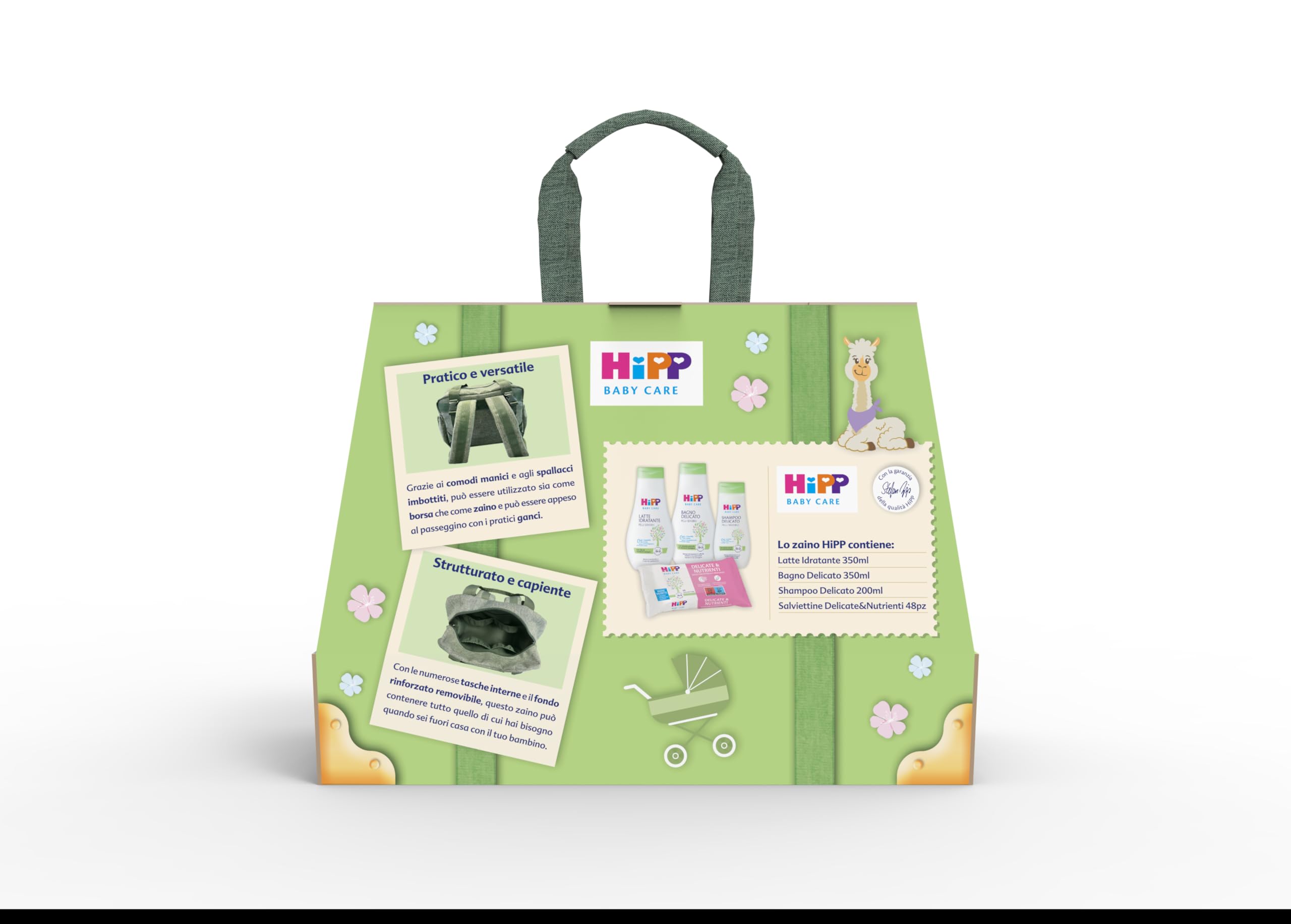 HiPP Baby Care, Cofanetto Primi Viaggi con Latte Idratante 350ml, Bagno Delicato 350ml, Shampoo Delicato 200ml, Salviettine Delicate e Nutrienti 48pz ed un Elegante Zaino Verde