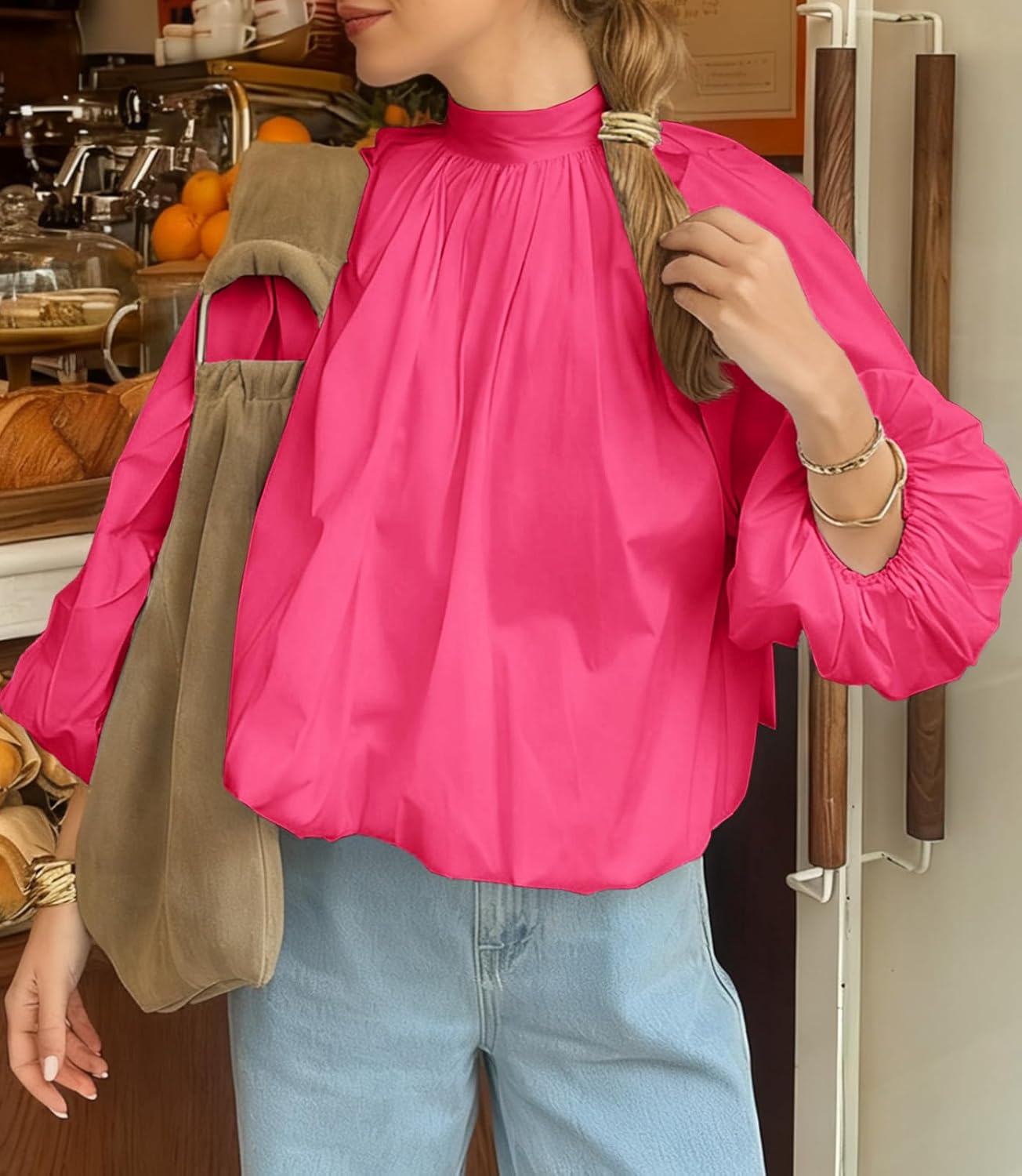 Tankaneo Womens Babydoll Tops Puff Long Sleeve Open Back Bow Tie Blouses Bubble Mock Neck Pleated Shirts - Image 2