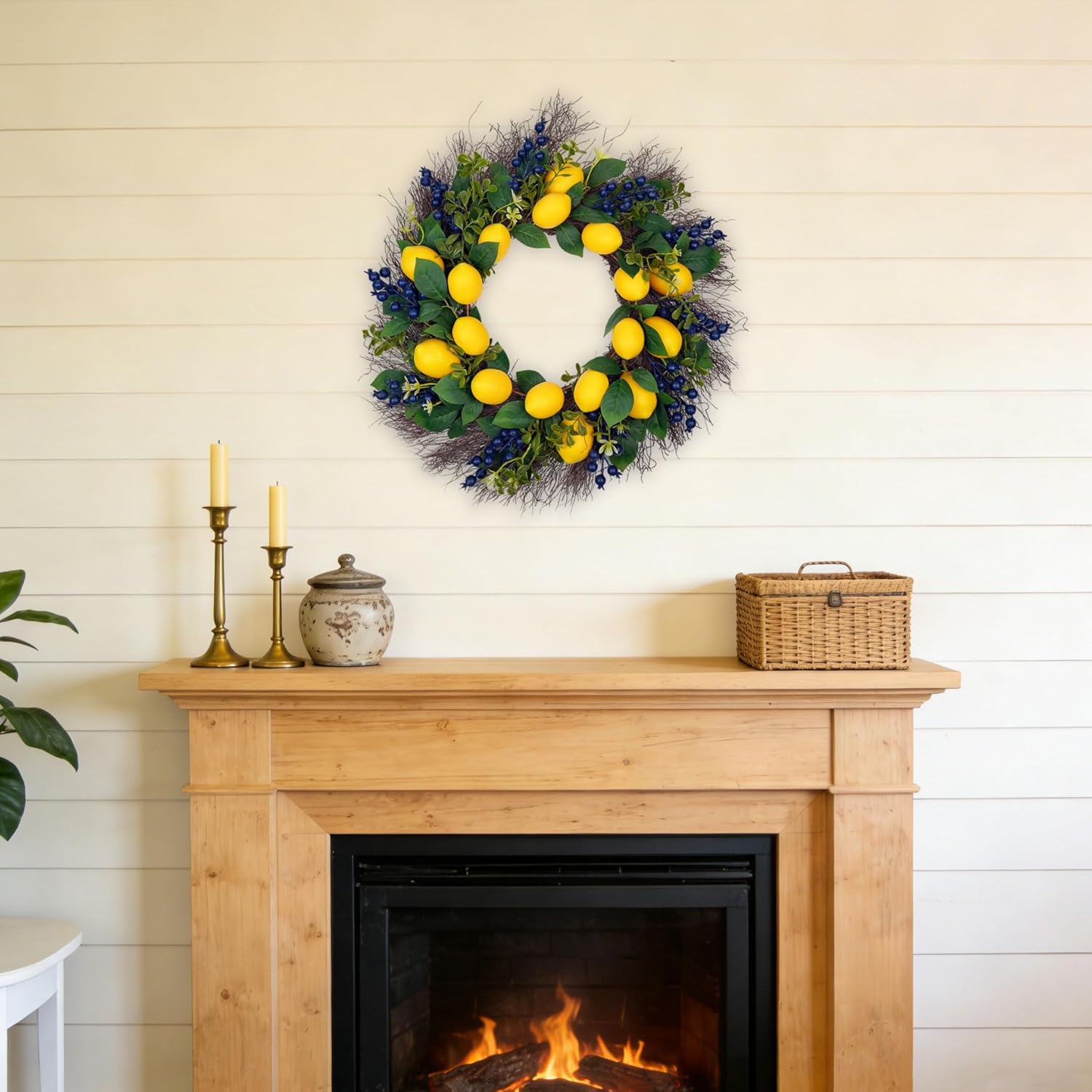 22" Artificial Lemon & Blueberry Wreath - Lifelike Spring Summer Fruit Wreath for Front Door Windows Farmhouse Cottage Kitchen Home Decor