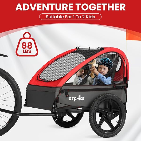 Sepnine Rimorchio per bici per bambini, adatto per 1-2 bambini, dai 12 mesi in su, attacco rapido alla bici, pieghevole, con imbracatura a 5 punti e borse per riporre oggetti - 2