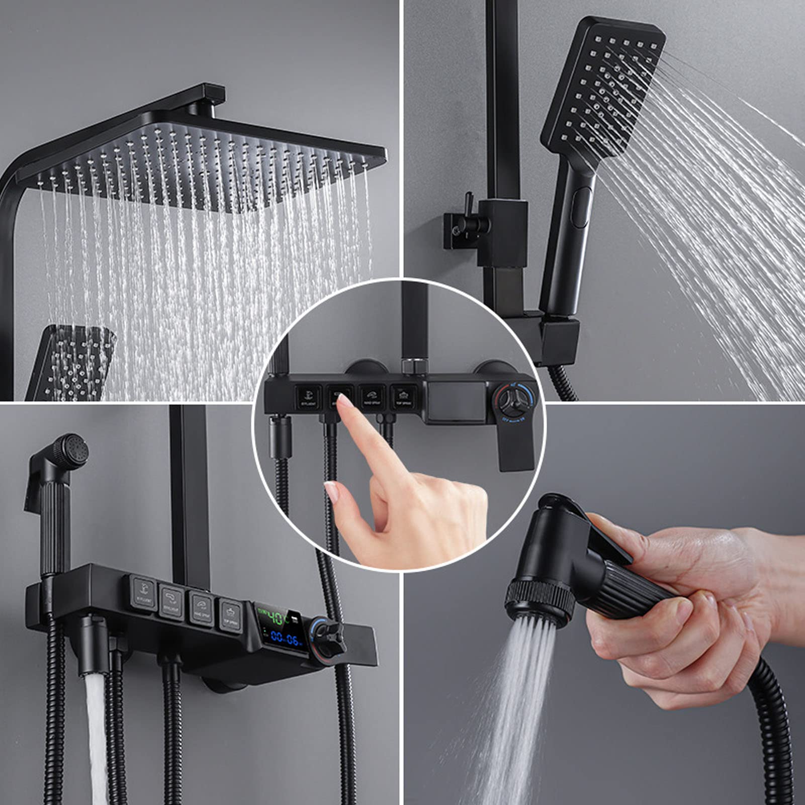 Doccia Nera, Set Rubinetto Doccia termostatico con Display Digitale, Miscelatore per Vasca, soffione Doccia a Pioggia, doccetta, doccetta Bidet, beccuccio per Vasca