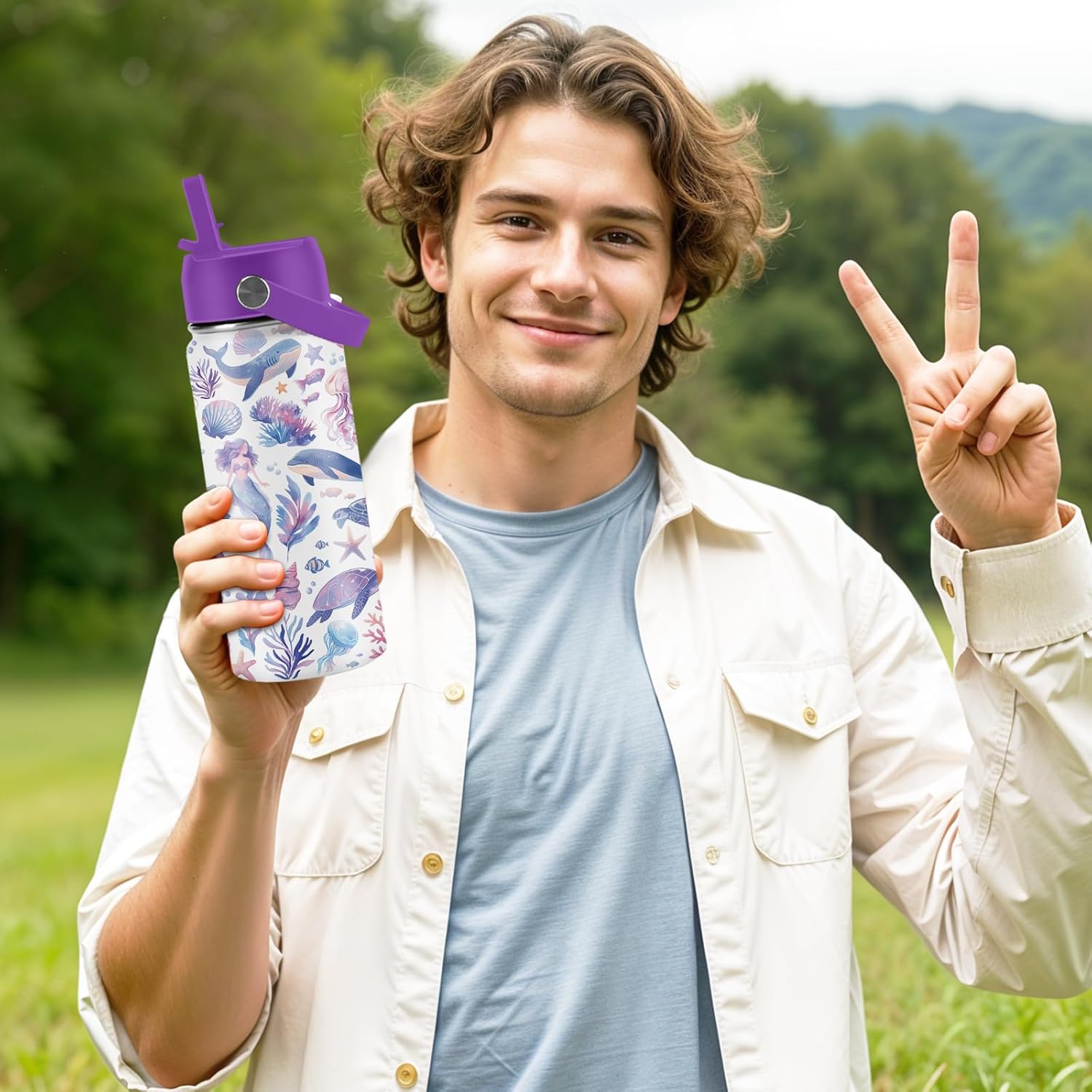 Ocean Gifts for Kids - 16 Oz Purple Water Bottle with Straw Lid, Stainless Steel Insulated Tumbler, Leak Proof, BPA-Free, for Girls & Boys, School, Beach - Marine Life Lovers Birthday Gifts (1pc) - Image 6