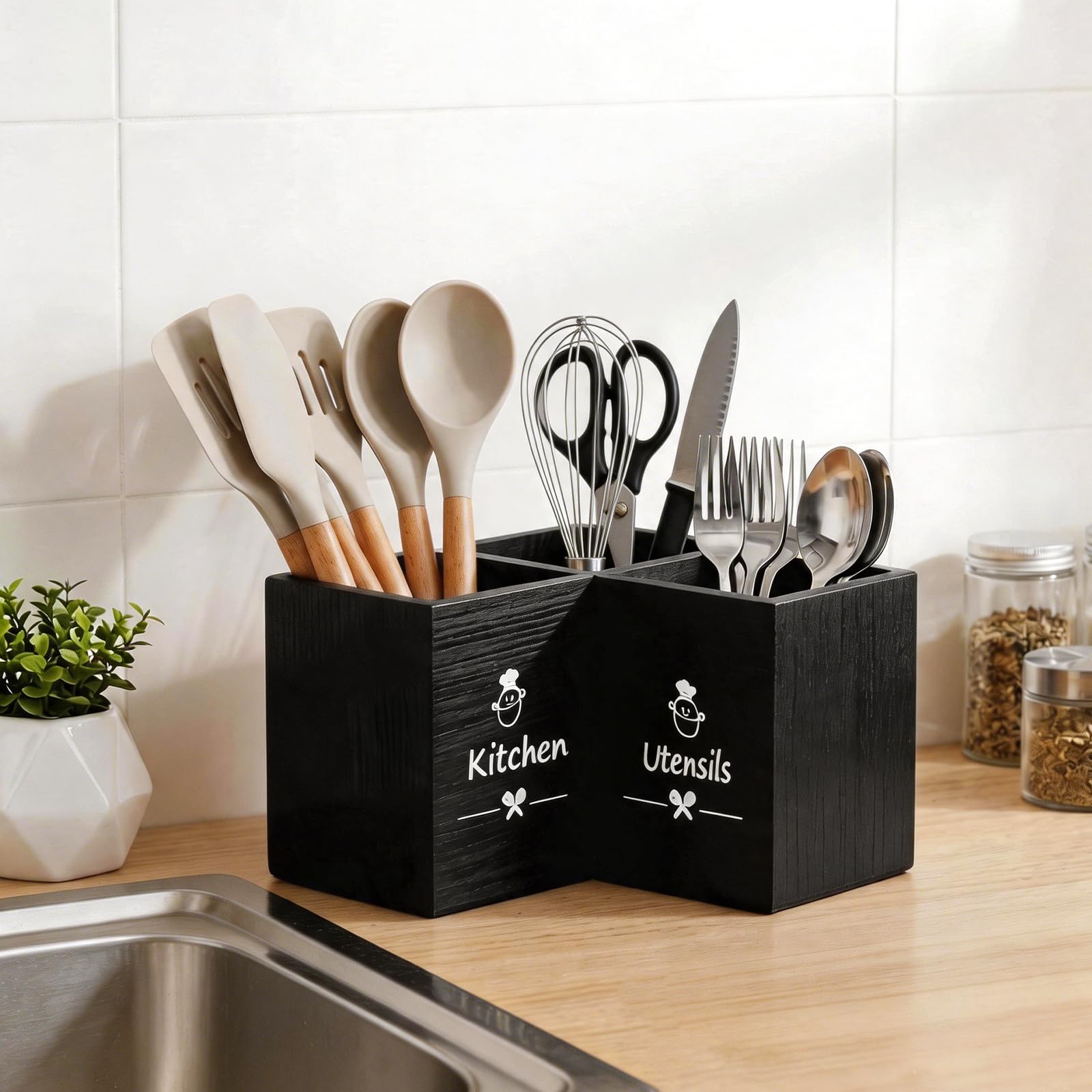 Küchenutensilienhalter mit 3 Fächern, Utensilienhalter aus Holz für die Küchentheke, Aufbewahrung von Küchenutensilien, Utensilien Organizer Spatel, Löffel, Gabeln, Bauernhaus-Küchendekoration