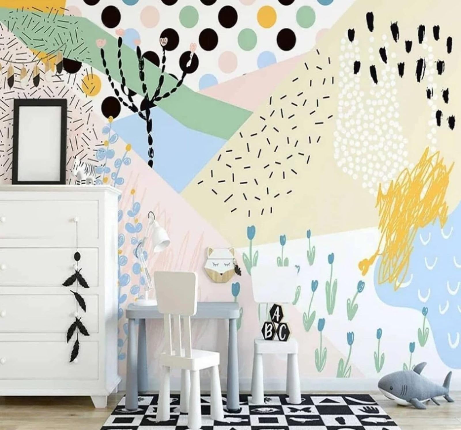 Wallpaper-3D-Xlm 250Cm×170Cm(B×H) Cartoon Hand Drawn Plants Colourful Geometric 3D Wallpaper Easy Install Feature Office Living Room Sofa Bedroom Tv Background Wall Decoration-250Cm×170Cm