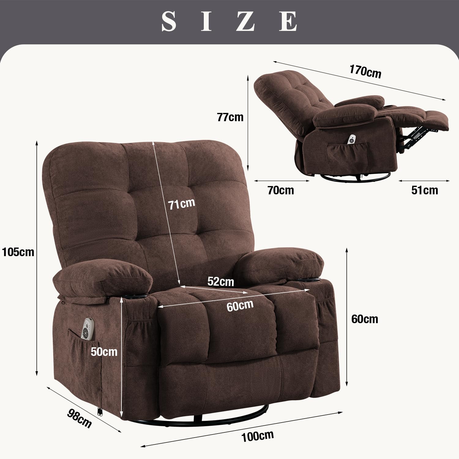 Bosmiller Relaxsessel mit Liegefunktion Elektrisch Fernsehsessel Oversize 360° Drehbarer Liegesessel mit Wärmefunktion Heizung Verstellbar Sessel Stoff TV-Sessel für Wohnzimmer, Braun