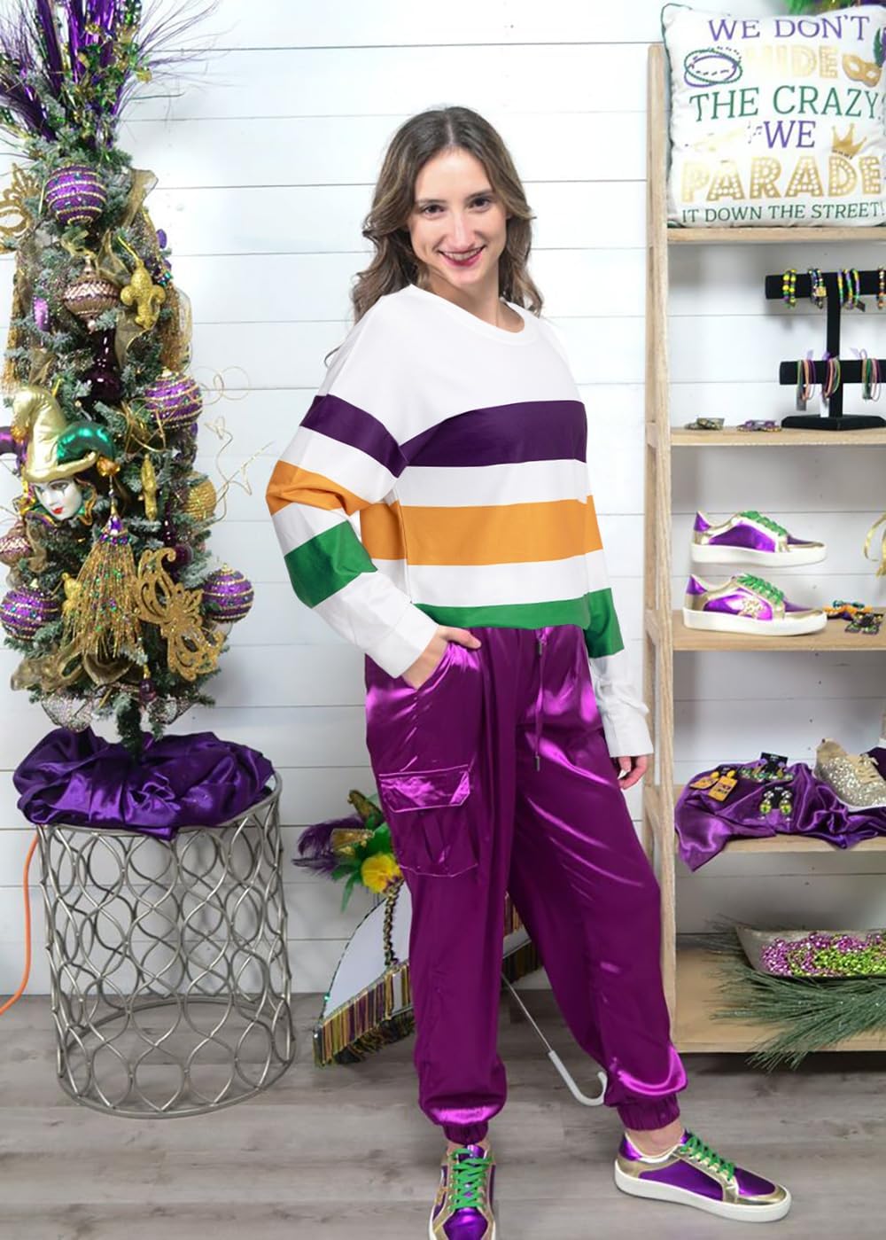 Womens Mardi Gras Shirt Stripes Fat Tuesday Tee Shirt Sequin New Orleans Carnival Party Long Sleeve Top - Image 2