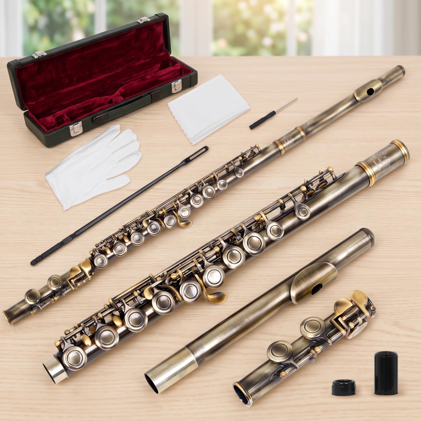 Flauto Traverso Flute Traverso Flauto a Fiato Strumento a Fiato con Testata Dritta Controllo Respiro Costante Corpo Cilindrico in Ottone Finitura