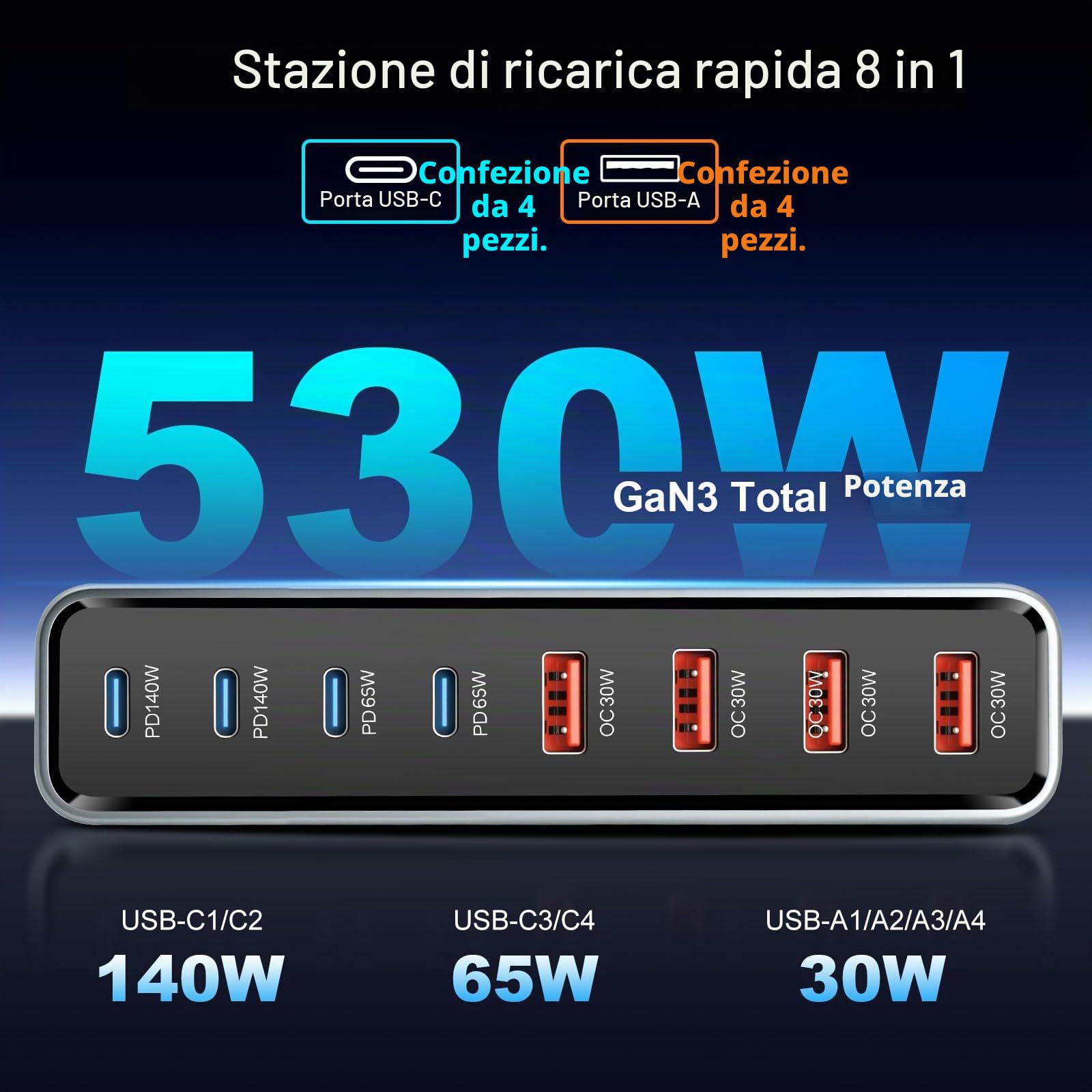 Caricatore USB C da 530 W, multiplo con 8 porte, GaN III, USB, multiplo con 4 x USB-C e 4 x USB-A, PD140 W, 65 W, 30 W Power Delivery stazione di ricarica USB C per MacBook Pro/Air, iPhone, iPad