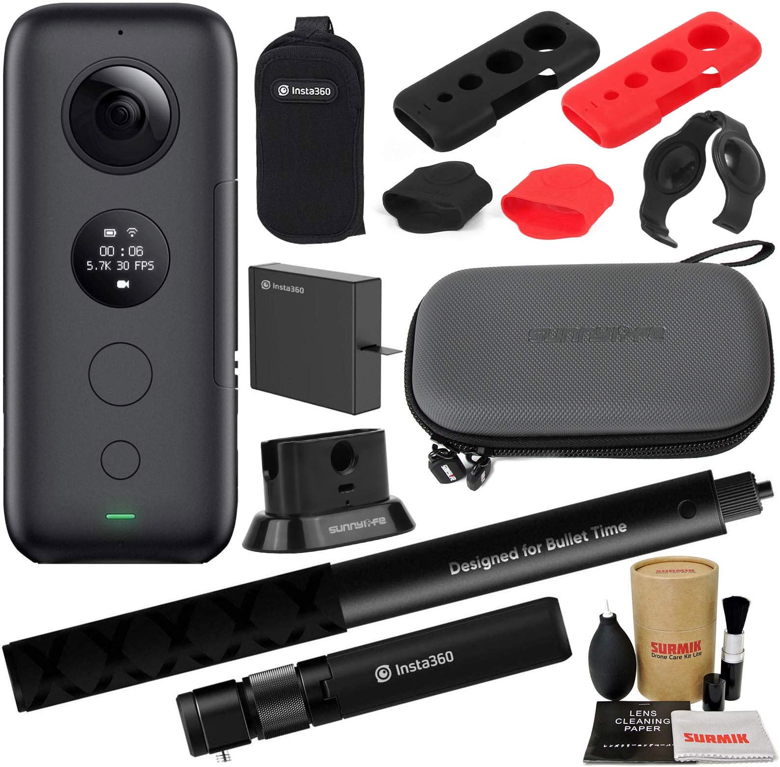 Insta360 ONE X 360 5.7K Video 18MP Action Camera Bundle with Bullet Time Handle (Tripod), Invisible Selfie Stick, Silicone Protection Covers, Base Stand, Carrying Case and Accessories (10 Items)