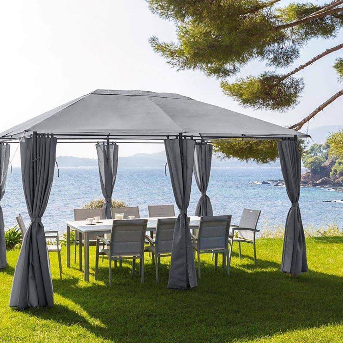 Hespéride - 6 Toiles de Tonnelle Santorini Ardoise 4x3 m, Pas de Structure, Rideaux Uniquement - pour Jardin, Terrasse, Barnum