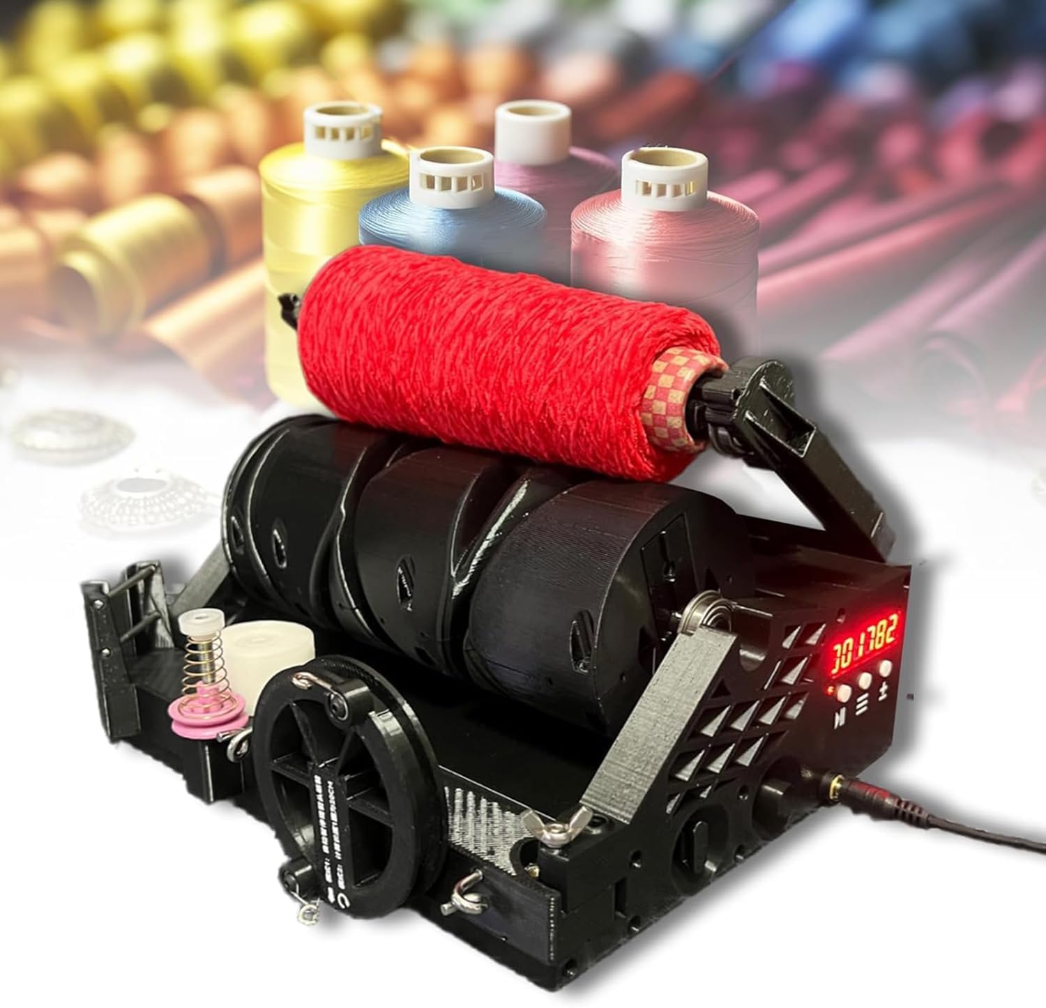 Electric Yarn Spinner Mini Spinning Wheel with Length Calculator,6-Digit Display,Built-in Holder for Easy Storage and Yarn Weaving.Red