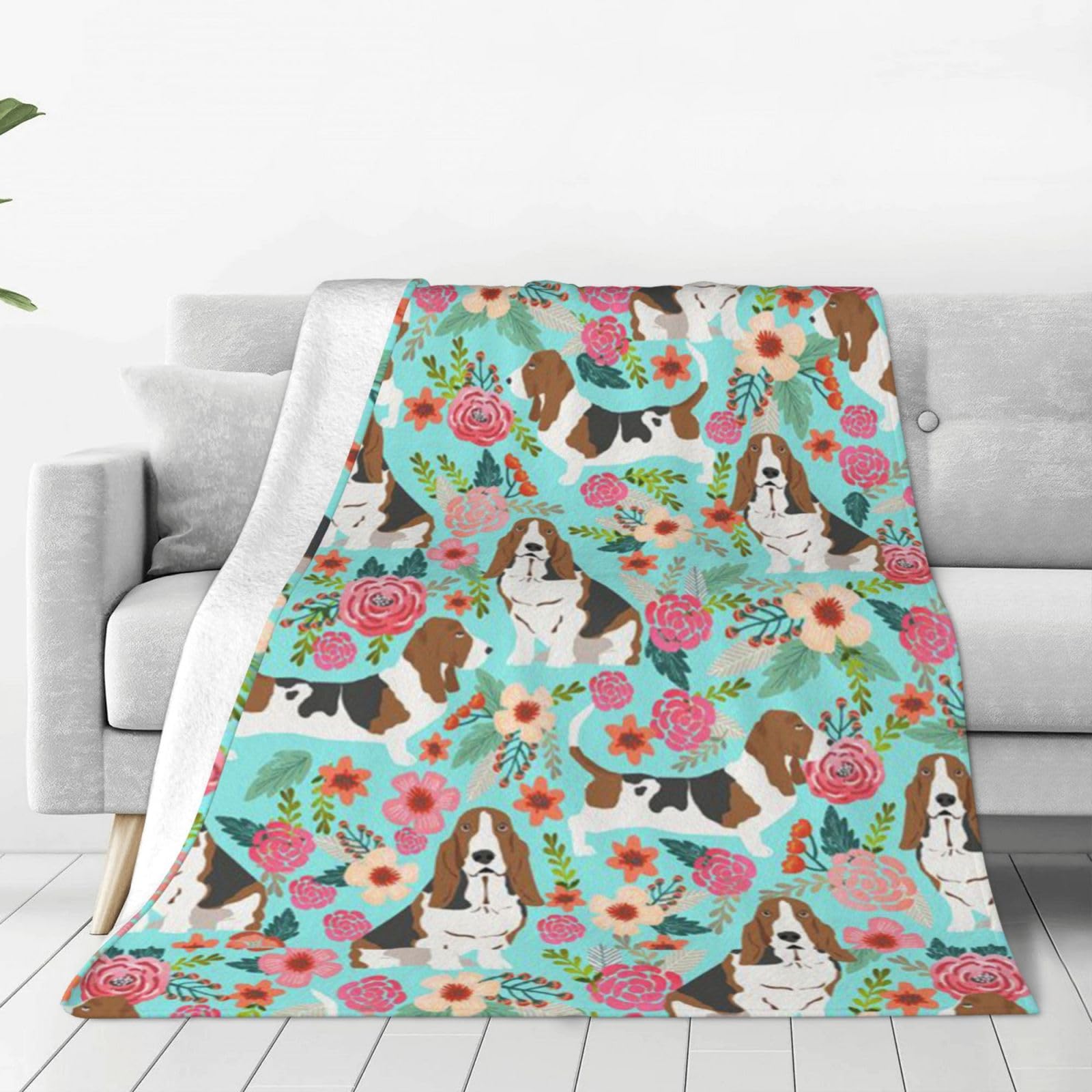 Couverture d'automne Basset Hound couverture polaire imprimé floral et flanelle douce