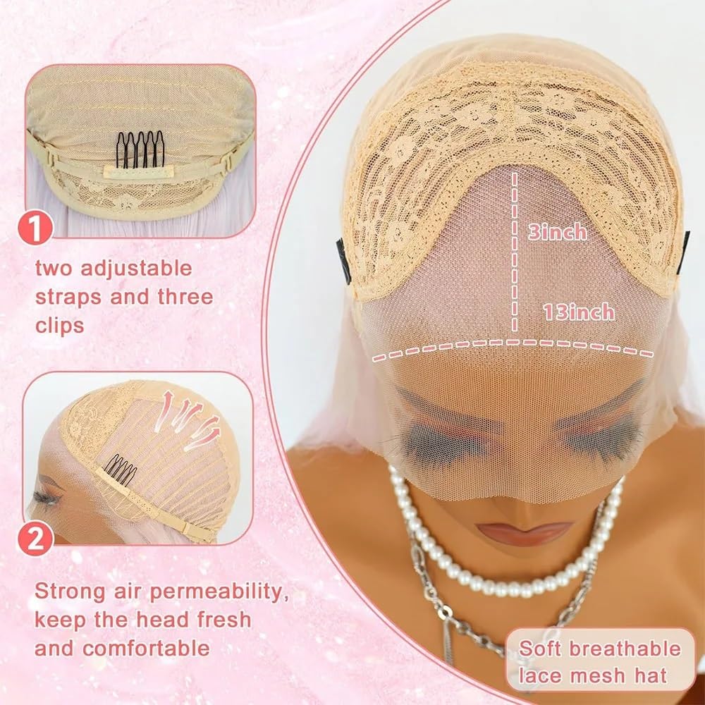Jasnoróżowa peruka bez kleju do noszenia i chodzenia z grzywką, dla kobiet, warstwowe syntetyczne peruki HD z koronką z przodu, wstępnie oskubane cięte, środkowa część (24 cale)