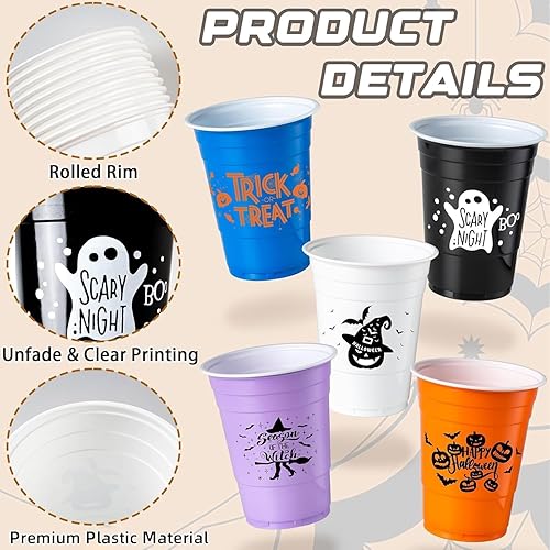 Miniatura 6 de Paquete de 50 vasos desechables de Halloween, coloridos vasos de plástico desechables de 16 onzas, 5 estilos para regalos de fiesta de Halloween,