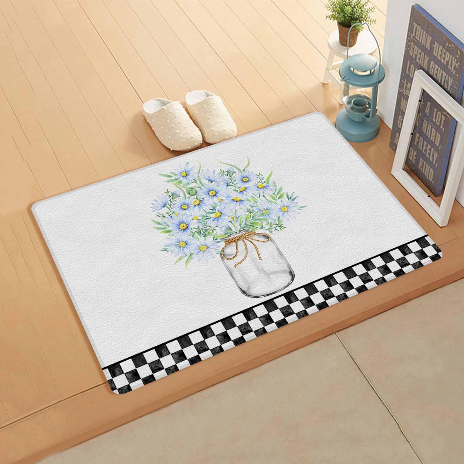 Blue Daisy Floral Antifatigue Kitchen Bath Door Mat Cushioned Runner Rug,Washable Welcome Floor Sink Mat,Waterproof Non-Slip Kitchen Standing Doormat,White Black Checkered Spring Floral Summer 18