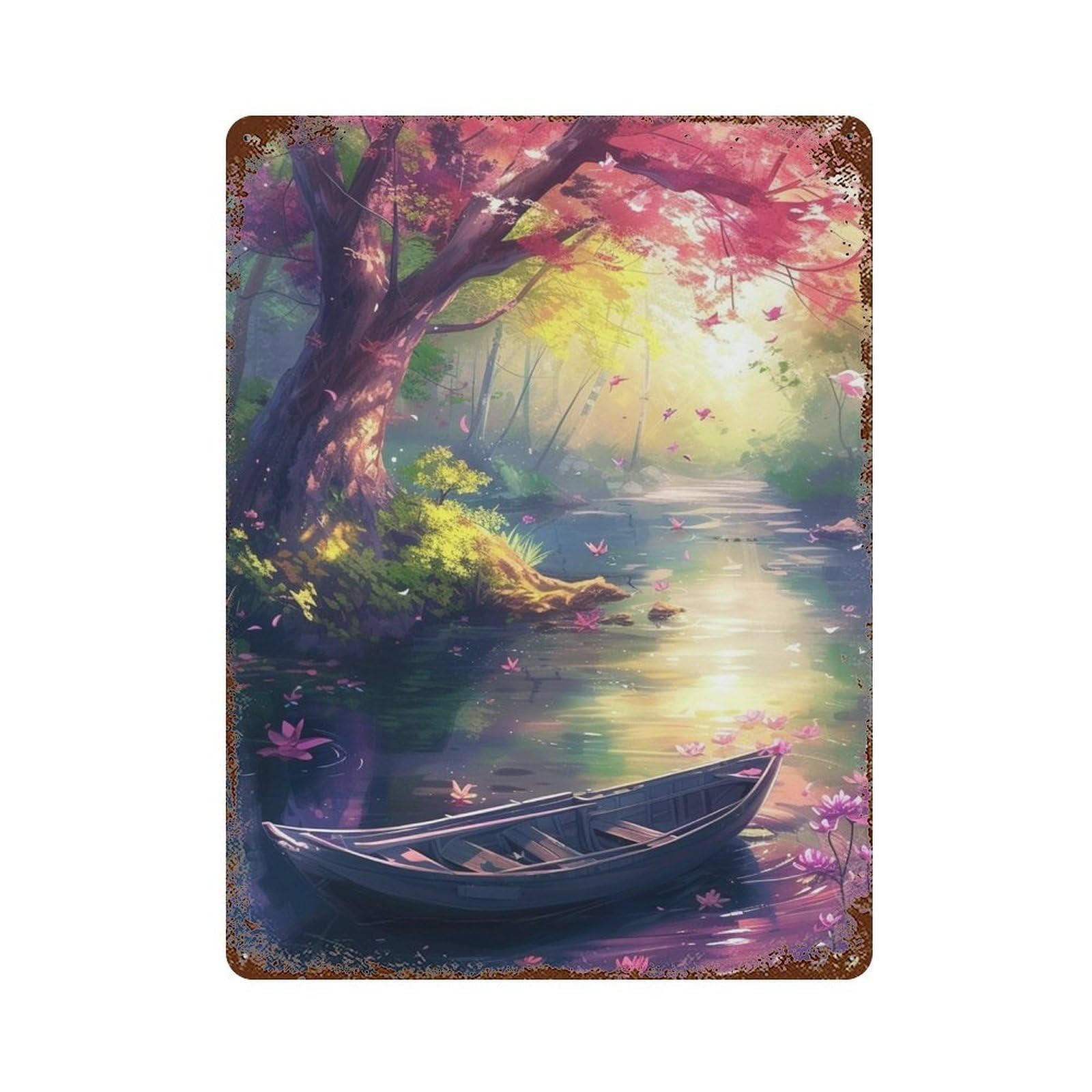 Rust Effect Enchanted Forest River Scene Aged Metal Wall Plaque 15.7"x11.8", Shabby Chic Decor for Living Room, Hallway And Home Decor