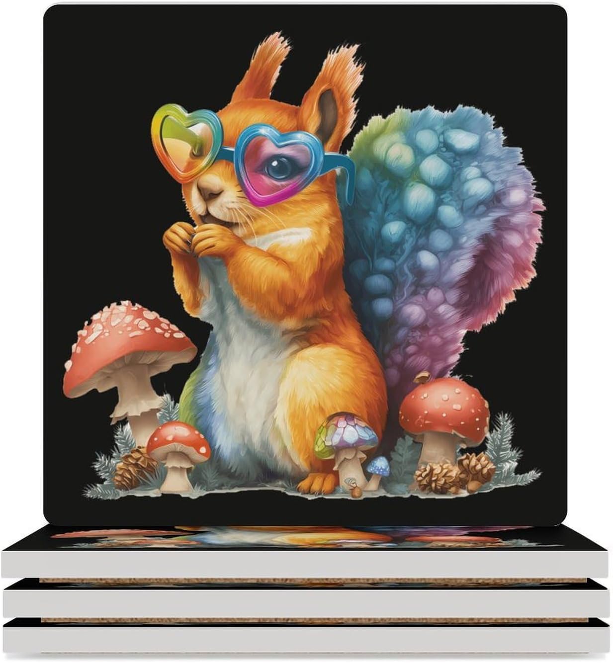 Squirrel Mushrooms Coaster for Drinks Square Ceramic Table Coasters Stone Mat Crafts 4PCS Home Kitchen Decor