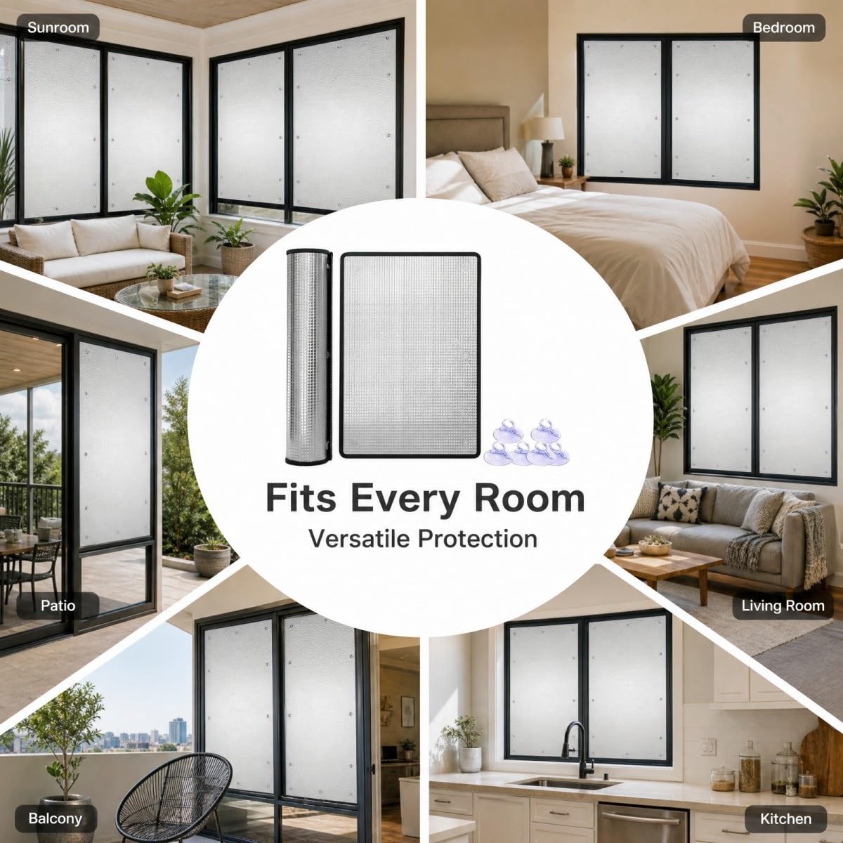Protector Solar Ventana Casa, Película Aislante Térmica Reflectante con Ventosas, Panel Aislante para Ventanas, Control de Temperatura, Cristal y Terraza(Borde Negro,160W x 180H cm)