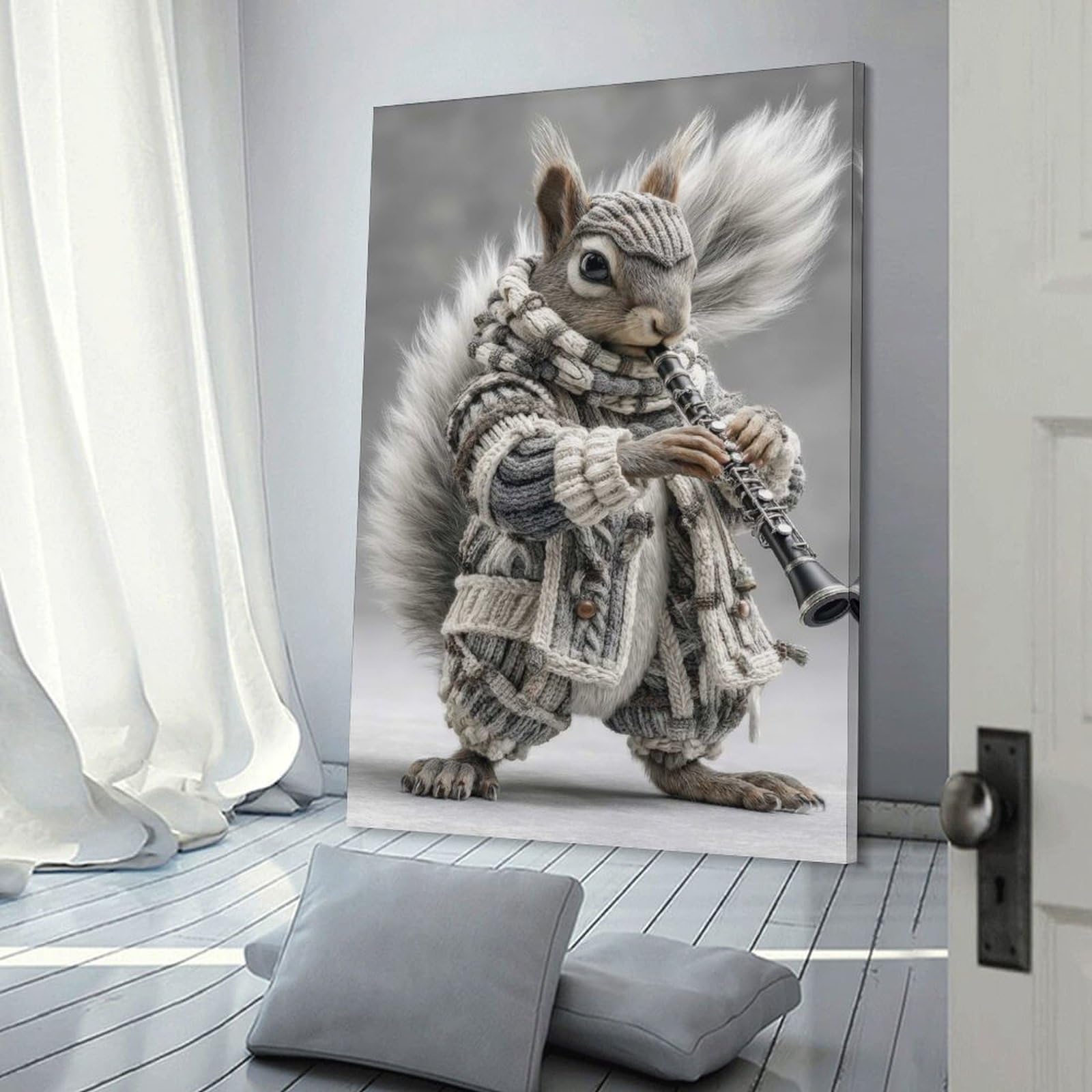 Junmoney Squirrel Playing Clarinet in Knitted Outfit Canvas Art Print, 08x12inch(20x30cm), for Bedroom Decor, Cosy Corners Or Studios, A Warm Accent for Relaxed Interiors
