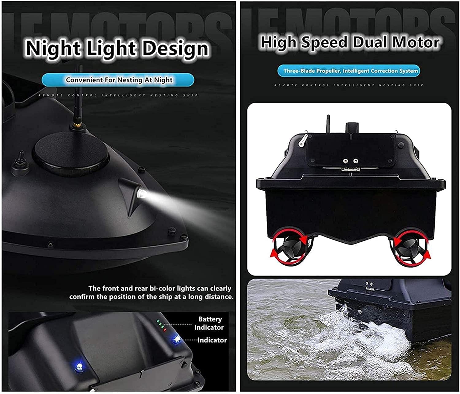 Barco de cebo RC con control de crucero GPS, batería de 12000 mAh, 3 compartimentos de cebo independientes, luz nocturna para pesca