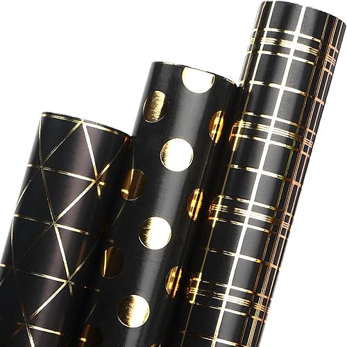 Ribbli papel de regalo para cumpleaños en negro y dorado para el Día del Padre para hombres, esposo, novio, rollo mini, 3 rollos con patrón