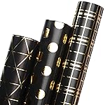 Ribbli Birthday Wrapping Paper Black and Gold Gift Wrap for Father\'s Day Men Husband Boyfriend Mini Roll, 3 Rolls Geometry Pattern - 17 inch x 120 inch(10feet) Per Roll