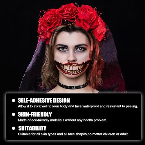 Miniatura 5 de Calcomanías de tatuaje de boca de Halloween, maquillaje de broma de Halloween, papel de tatuaje temporal, labio de terror, boca grande, tatuajes