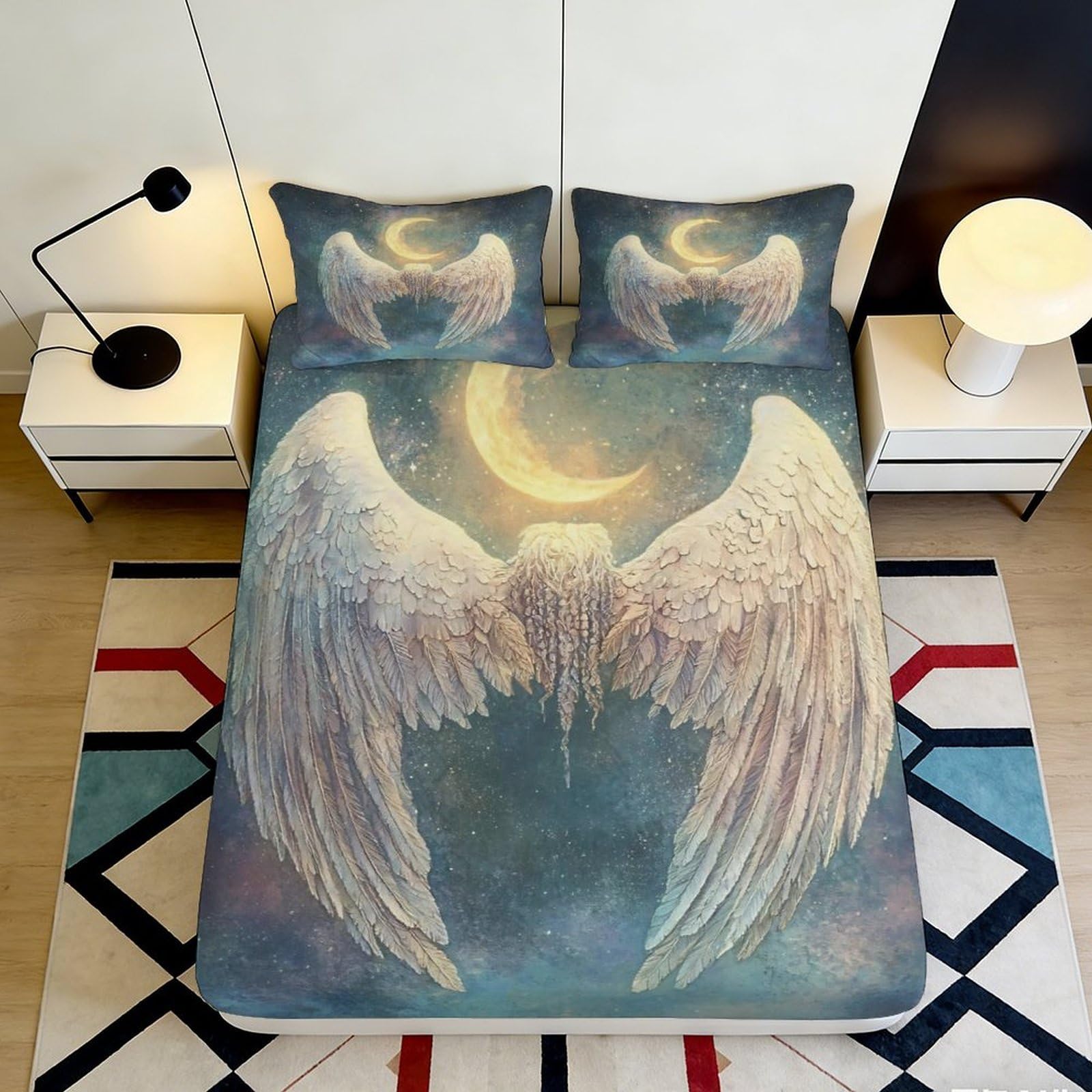 3D Printed Angel Wings Fitted Sheet Microfiber Soft Breathable Crescent Moon Bed Cover for Bedroom Dormitory Guest Room Mattress Protection Decor 140x200x25cm
