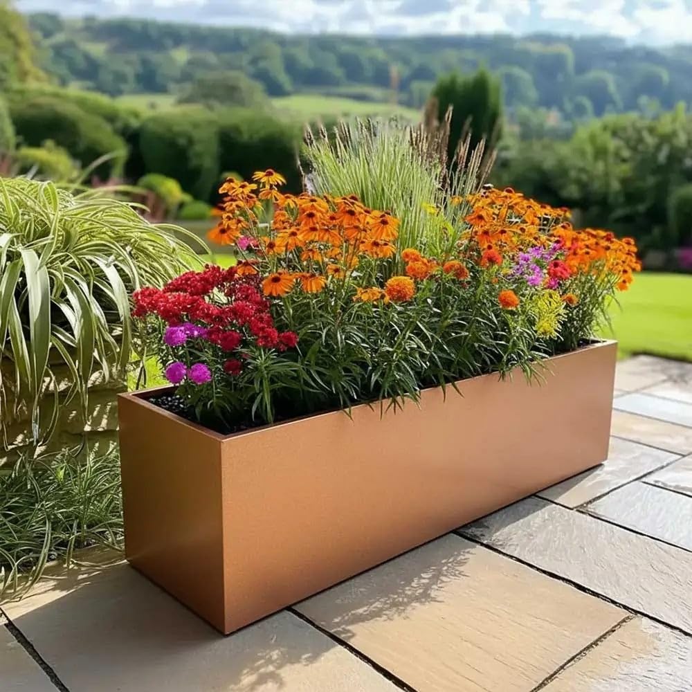Tulipy Zinc Galvanised Trough Planter with Liner | No Assembly Needed | Lightweight (Copper, L120cm x W40cm x H40cm)