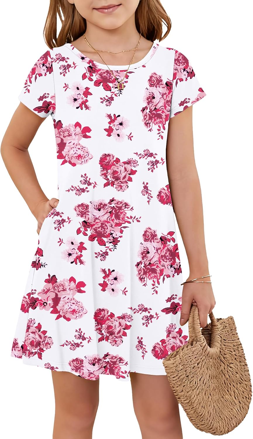 Girls Round Neck Summer Floral Short Sleeve Dress Kids Casual A line Beach Spring Dress with Pockets 2026