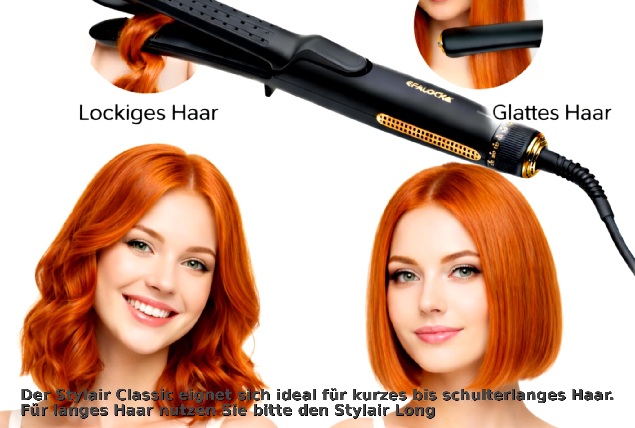 Rotschopf24 Efalock Stylair Classic Glätteisen, Locken/Wellen + Tasche | 2in1 Haarglätter für glattes Haar, Locken und Wellen. Airflow mit Hitze und Kaltluft, Keramikplatten 140–220 °C. 42W