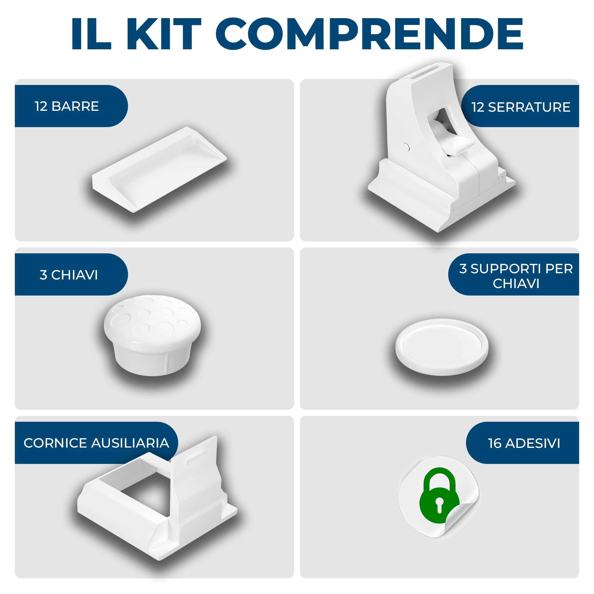 Blocca Cassetti per Bambini Hoffenbach 12 Serrature 3 Chiavi Chiusura Magnetica Bianco