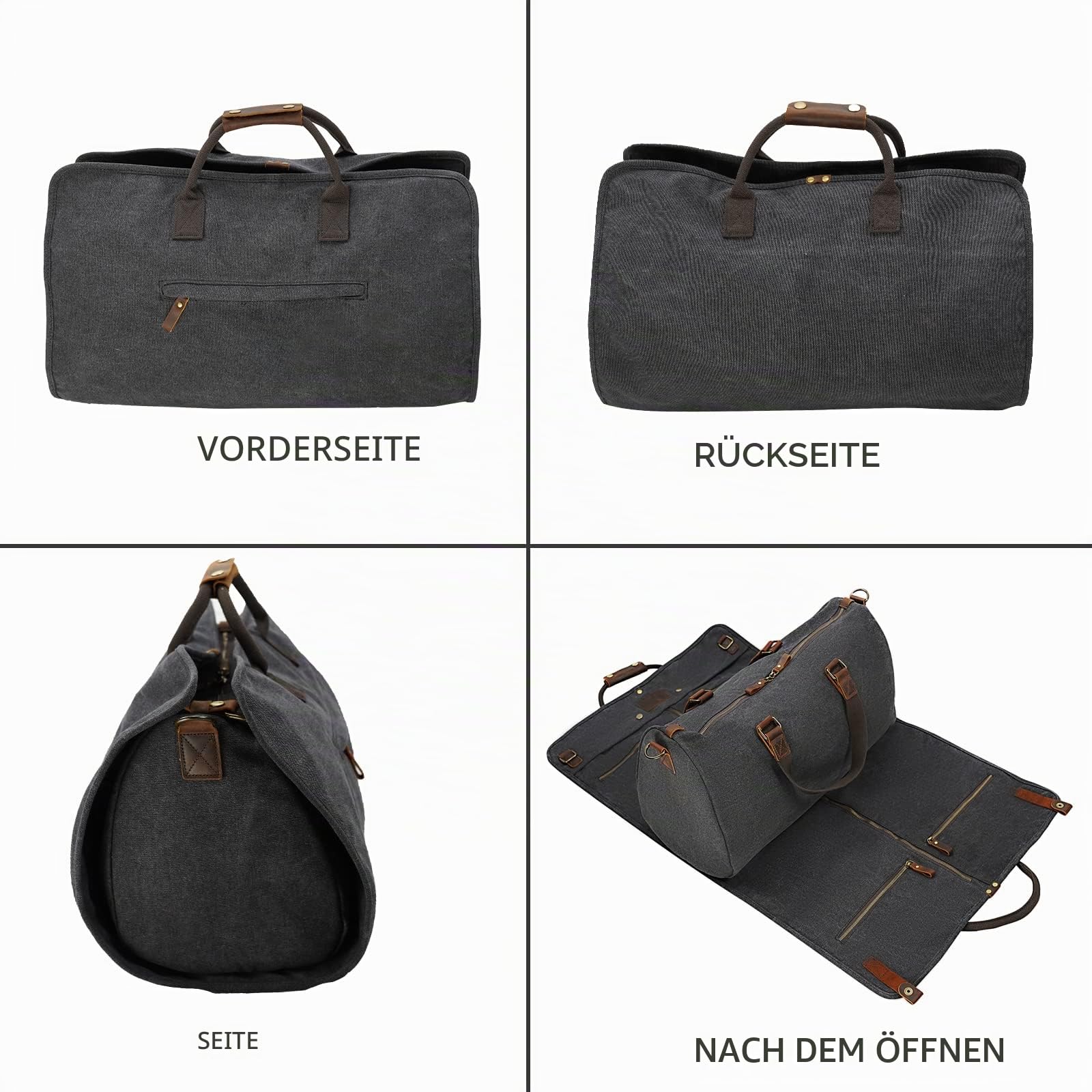 2 in 1 Canvas Leder Anzuggepäck Kleidersack mit Schultergurt für Reisen und Geschäftsreisen Schwarz American Casual