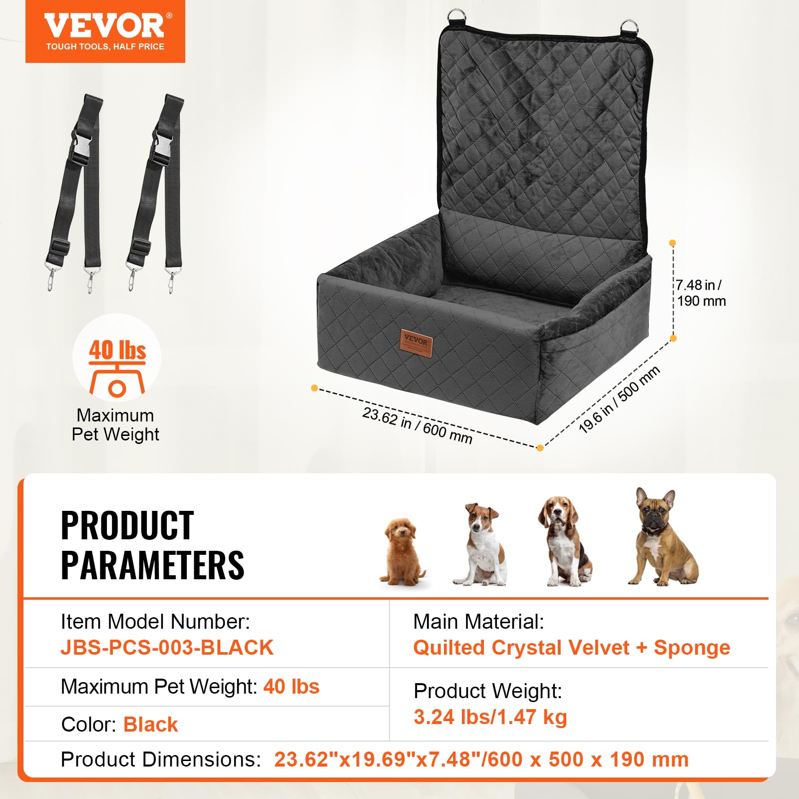 VEVOR Asiento de Coche para Perros 18 kg Asiento de Seguridad para Mascotas Asiento Elevador Impermeable con Correa de Seguridad con Clip Acolchado de Algodón PP Silla para Coche para Mascotas, Negro
