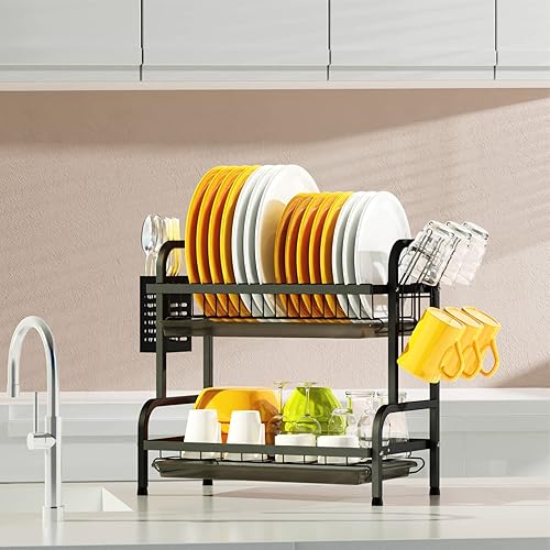 Miniatura 2 de Swedecor Escurridor de platos de 2 niveles con soporte para tazas y soporte para utensilios, escurridor de platos pequeño con 2 bandejas para