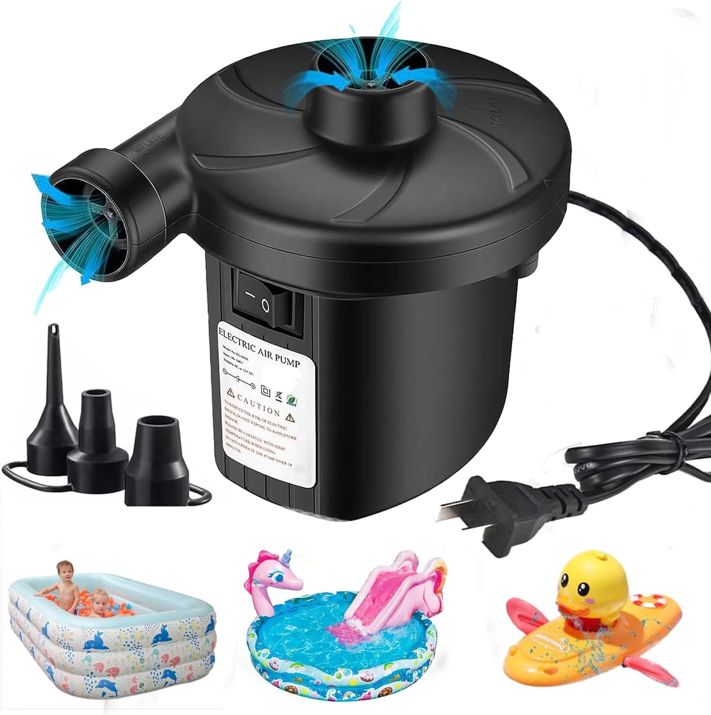 Bomba de colchón de aire eléctrica portátil de llenado rápido con 3 boquillas, 110 V CA12 V CC, bombas infladorasdefladoras perfectas, color negro