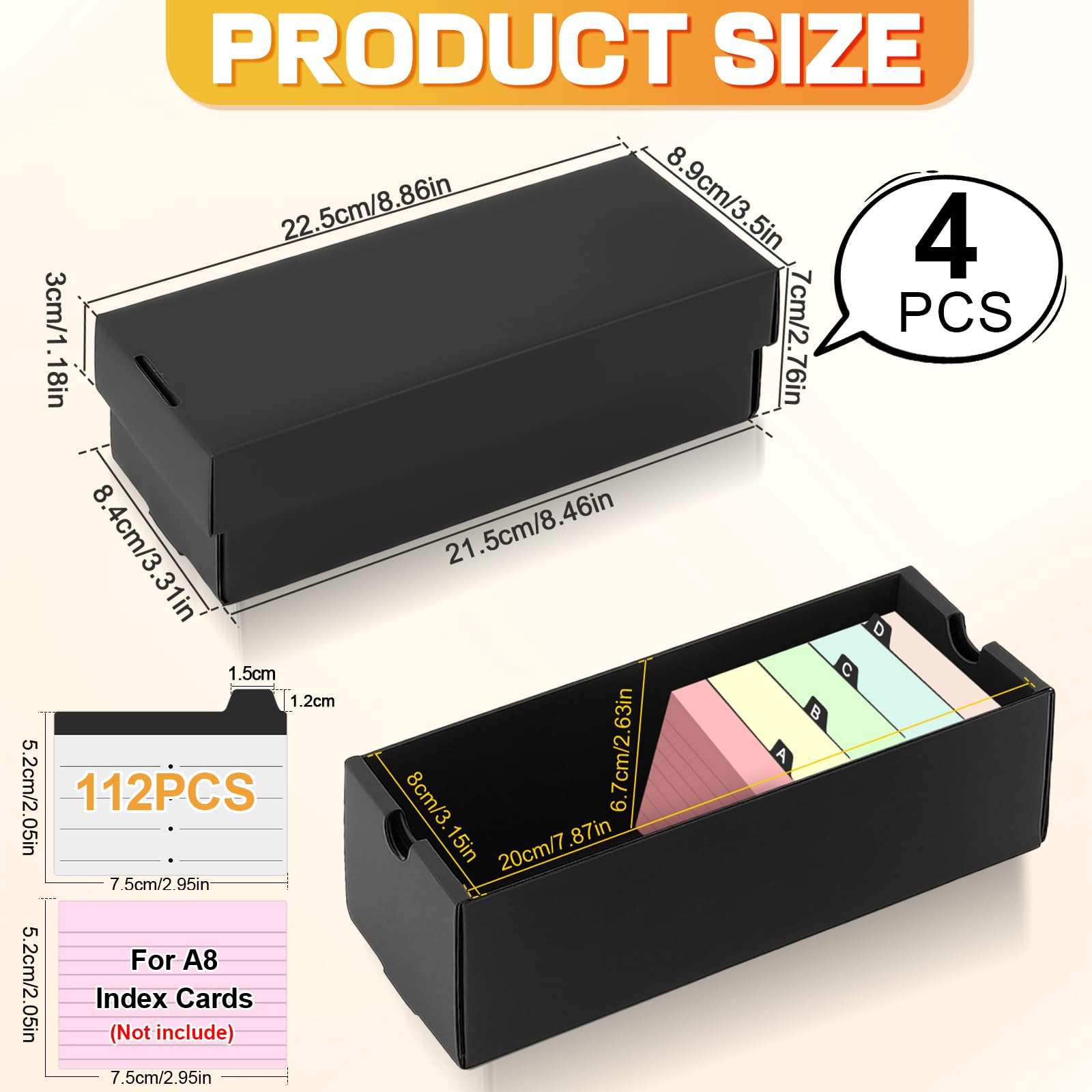 4Pcs Caja para Flashcards A8 con 112 Fichas A Rayas, para Tarjetas Estudio 52 x 74mm, Capacidad 980 Fichas, Caja de Aprendizaje Negra para Notas Recetas, Organización en Escuela y Oficina