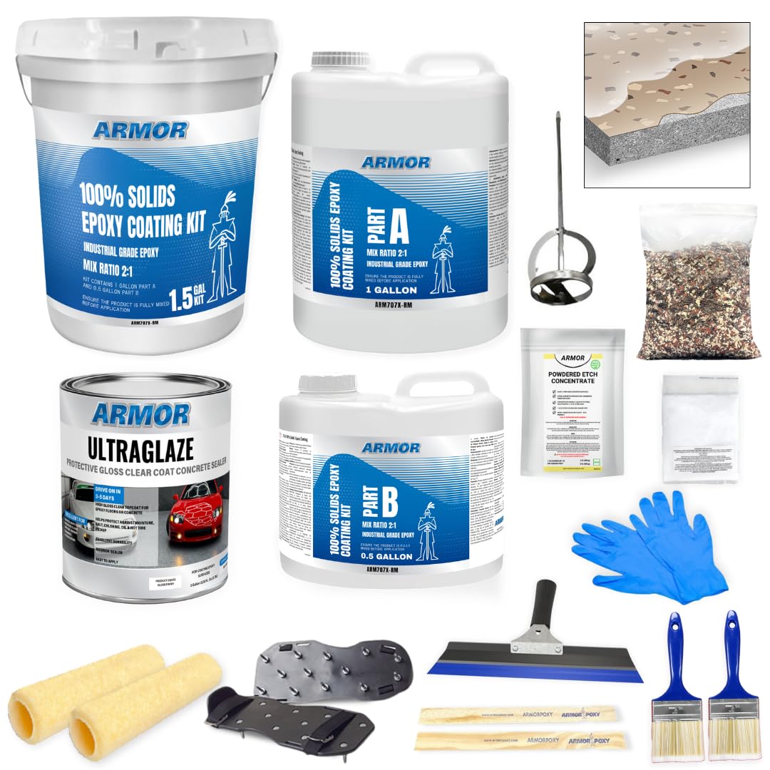 ArmorPoxy Garage Epoxy Floor Kit – 100% Solids - 2 Part Industrial-Grade Coating w/UltraGlaze Topcoat | DIY Slip & Hot Tire Resistant | 300 Sq Ft -