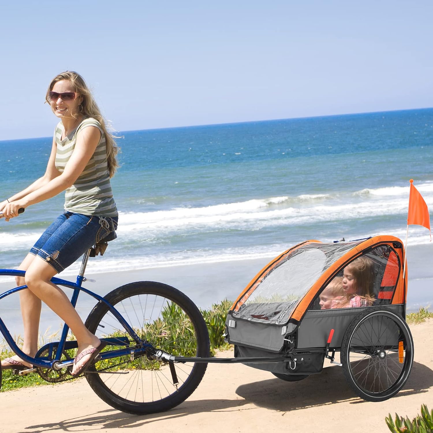 Kids Bike Trailer, Suitable for 1 to 2 Kids, 12+ Months, Quick Attach to Bike, Foldable, with 5-Point Harness and Storage Bags : Sports & Outdoors