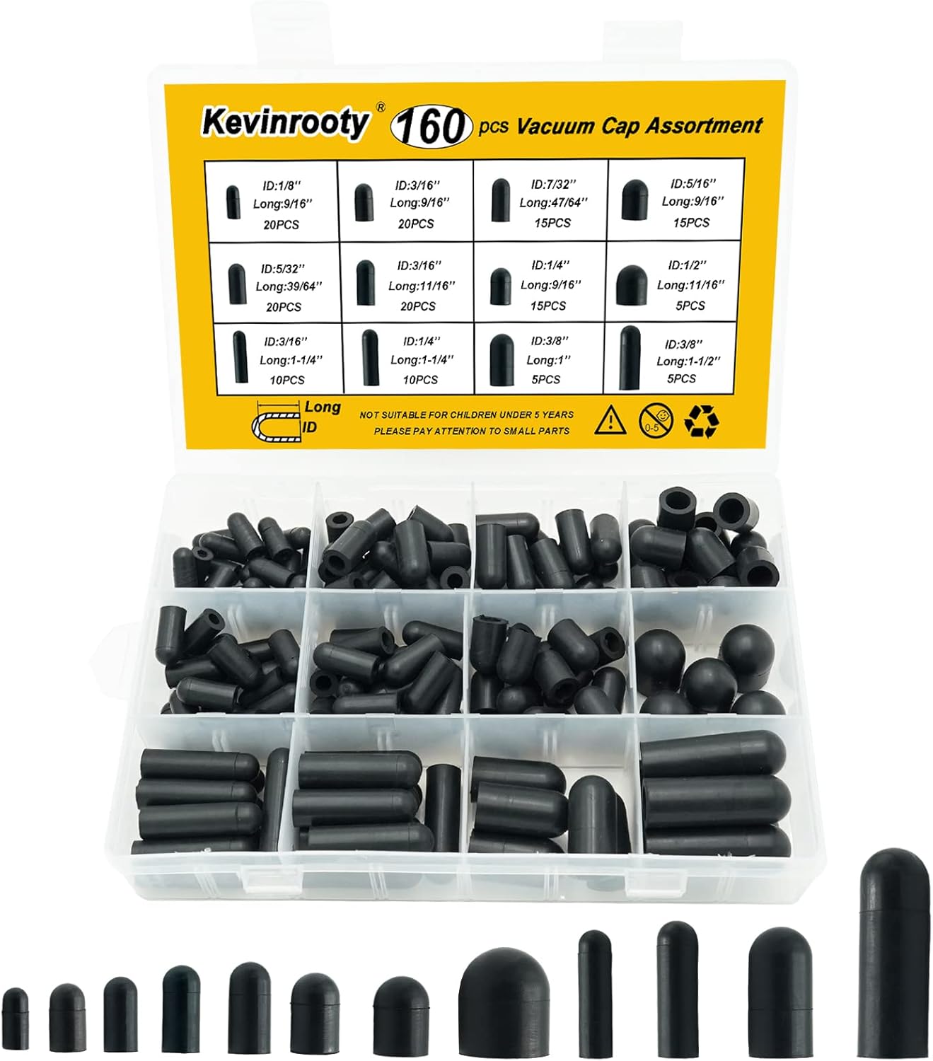 Kevinrooty 160 Pieces Rubber Vacuum Cap Assortment 12 Sizes Vacuum Cap ID from 1/8