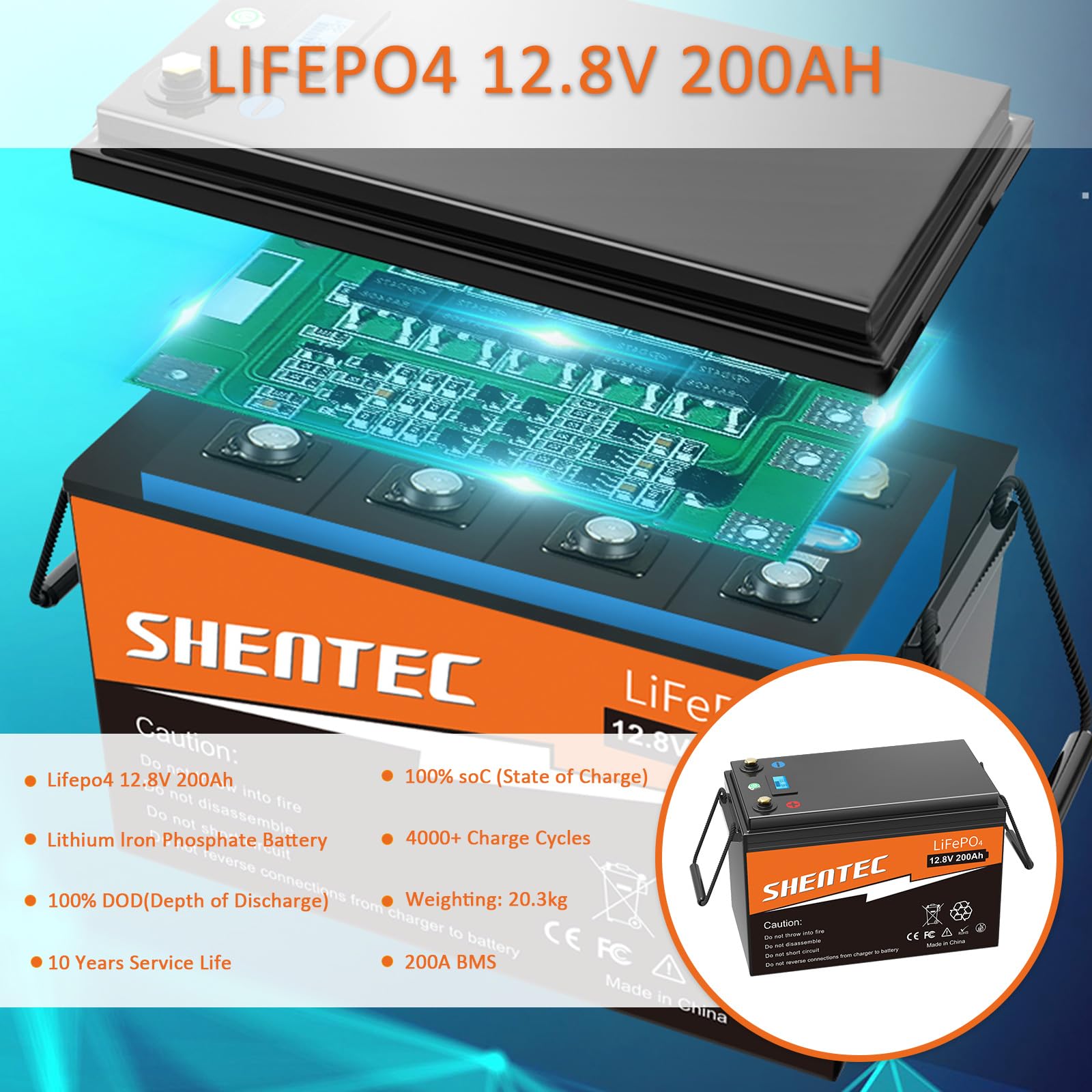 Shentec Lifepo4 12V 200Ah batería Solar de Litio con BMS 200A, 200A Corriente máxima, 5000+ ciclos. Batería de Salida LiFePO4 para campistas, Camping, Motores electrónicos, Barcos