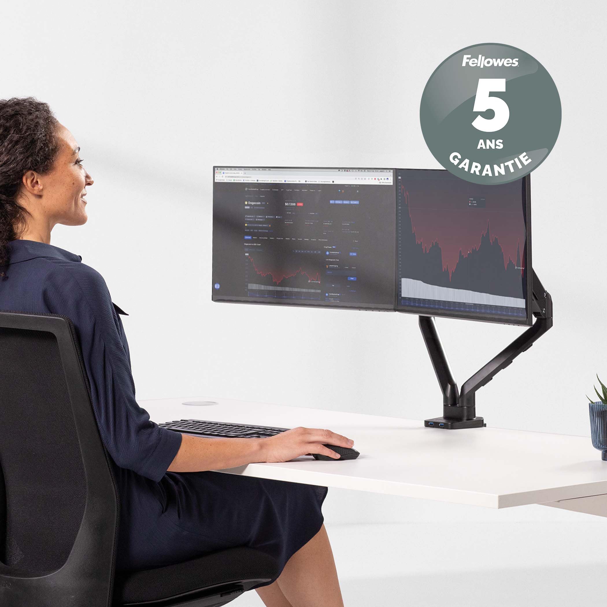 Fellowes Bras Porte Écrans Platinum Double Horizontal pour 2 Moniteurs Jusqu'à 32", Hauteur Ajustable, Norme VESA, 2 Ports USB