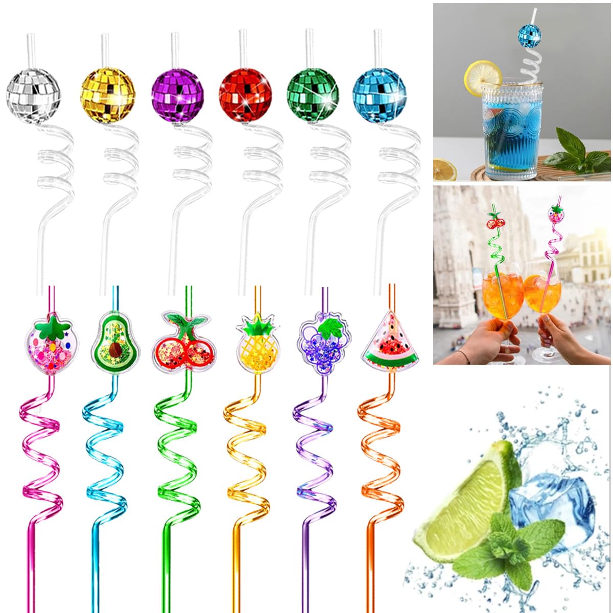 Colorful Mirror Disco Ball Straws, Disco Ball Stirrers Cocktail 70s Disco Decorative Straws Mini Disco Straw Decor for Dance Holiday Wedding Birthday Christmas Supply (12pcs)