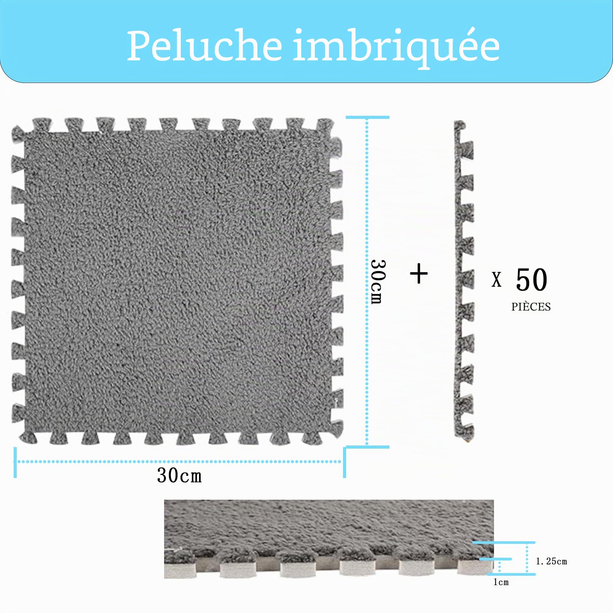 50 pièces de tapis en mousse à assembler en peluche, 30 x 30 cm - Tapis de sol pour salon et chambre à coucher - Tapis de sol en mousse à assembler pour le jeu (Gris, 50 pièces)